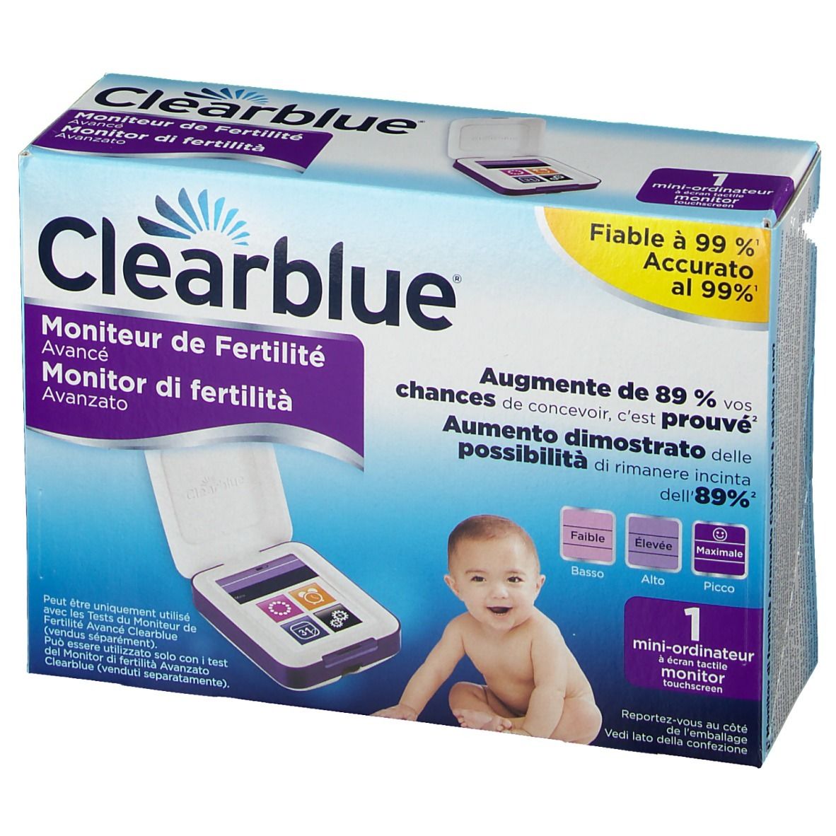 Fronte della confezione del monitor Clearblue. Bambino. Testo: Monitor di fertilità, Fiable à 99%.