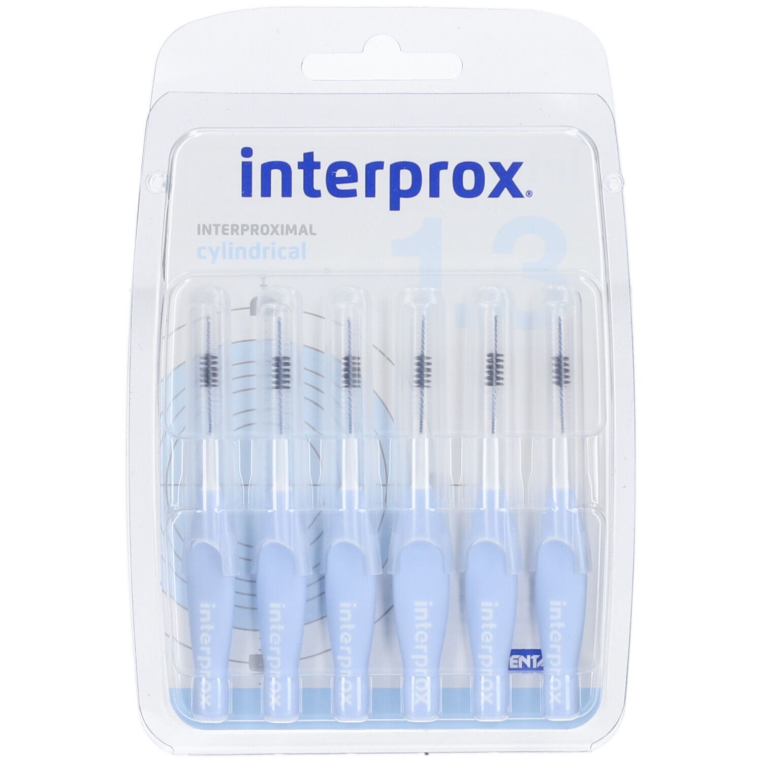Confezione blister con 6 scovolini cilindrici. Manici azzurri, setole nere. Marchio: interprox.