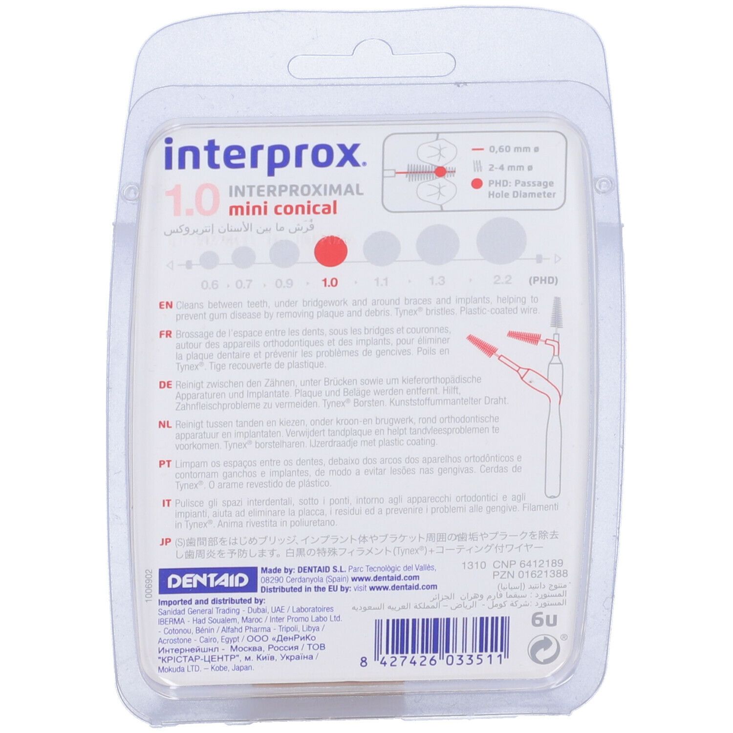Retro della confezione blister con informazioni e diagrammi. Il nome Interprox e le indicazioni delle dimensioni sono visibili.