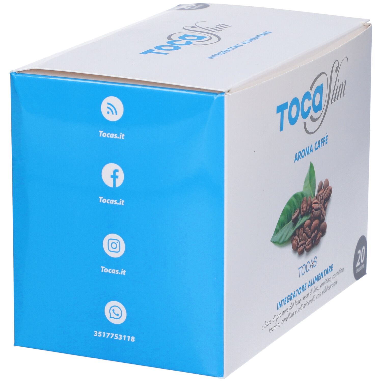 Scatola bianca "TocaSlim Aroma Caffè" con chicchi di caffè e foglie. Icone social media.