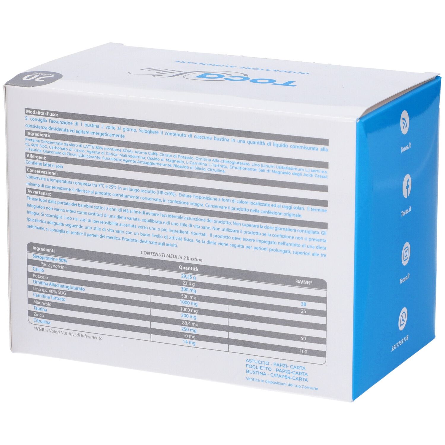 Retro della scatola bianca. Testo con ingredienti e informazioni nutrizionali. Accenti blu.