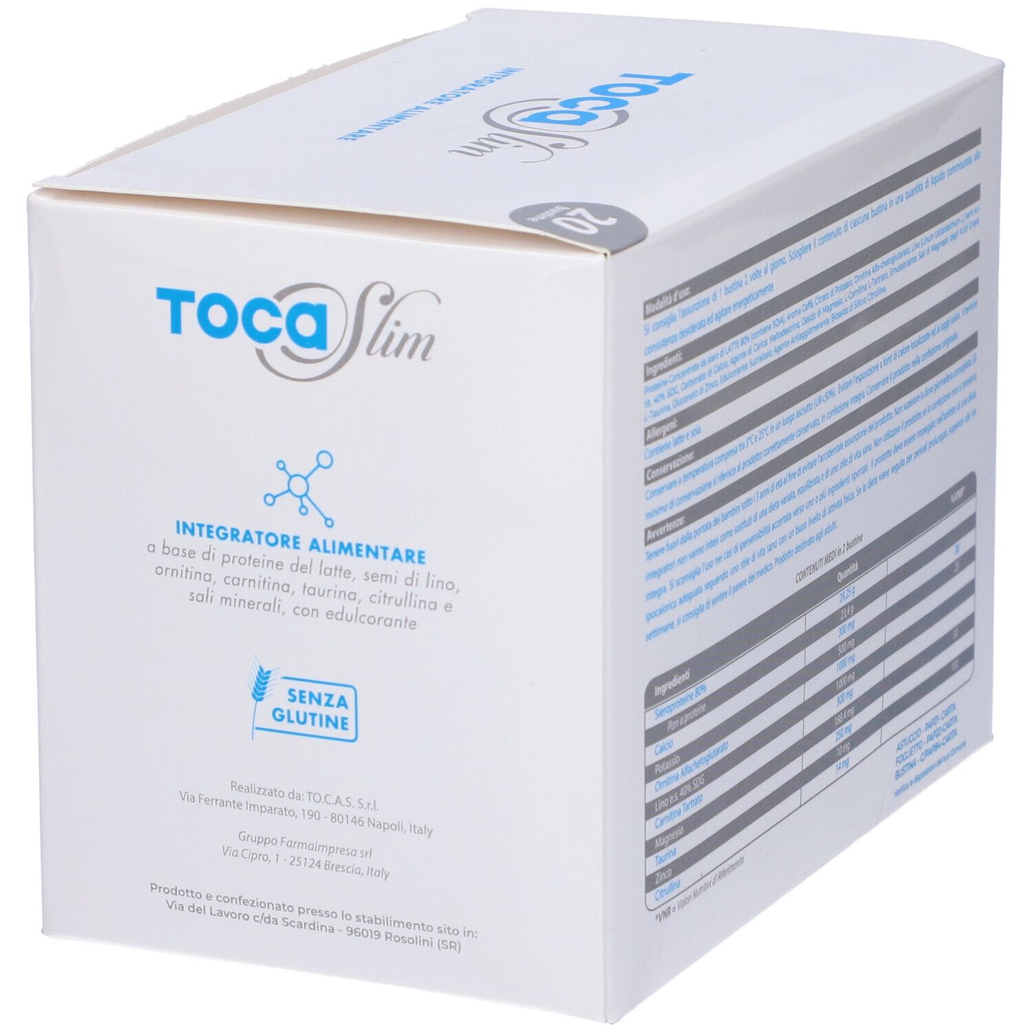 Scatola bianca con logo "TocaSlim" e testo. Sigillo "Senza glutine". Accenti blu.