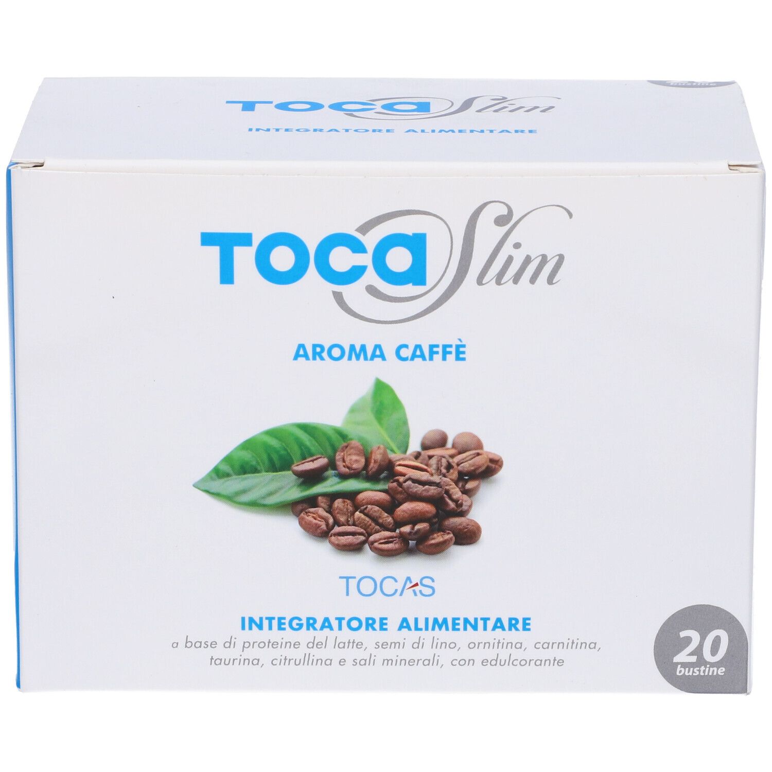 Scatola bianca "TocaSlim Aroma Caffè" con chicchi di caffè e foglie. 20 bustine.