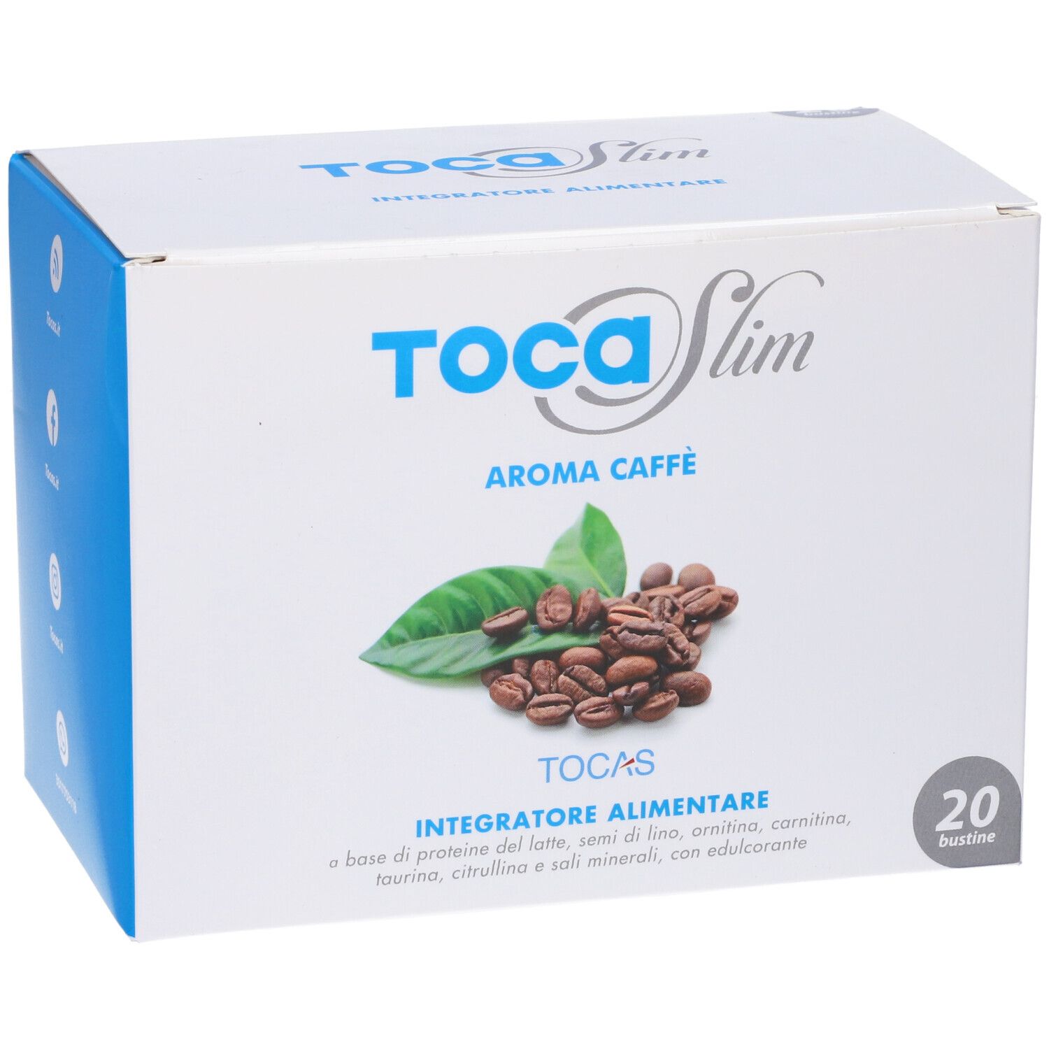 Scatola bianca "TocaSlim Aroma Caffè" con chicchi di caffè e foglie. 20 bustine.