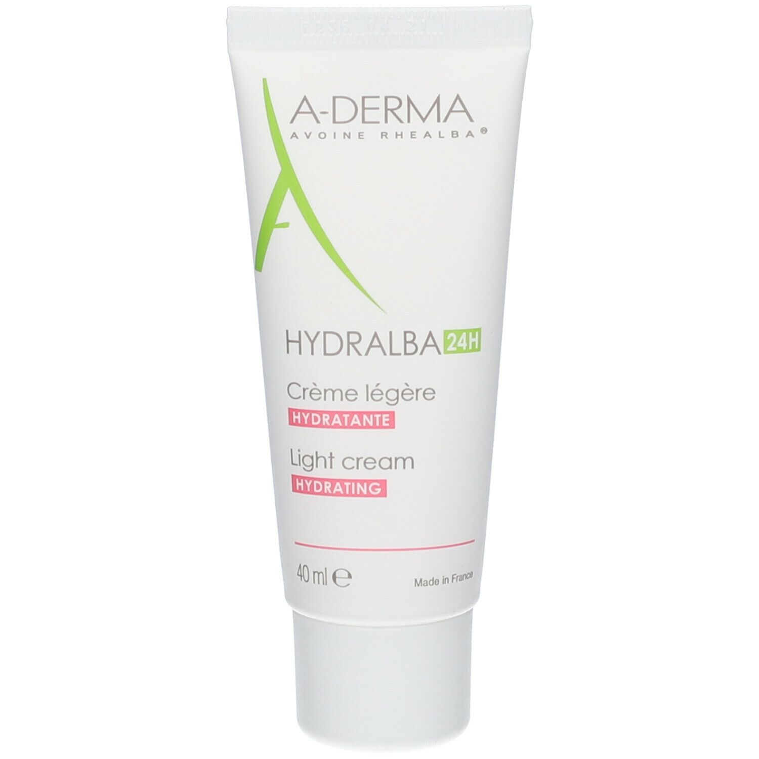 Tubo bianco A-Derma Hydralba 24H. Crème légère, light cream. Scritta 40 ml.
