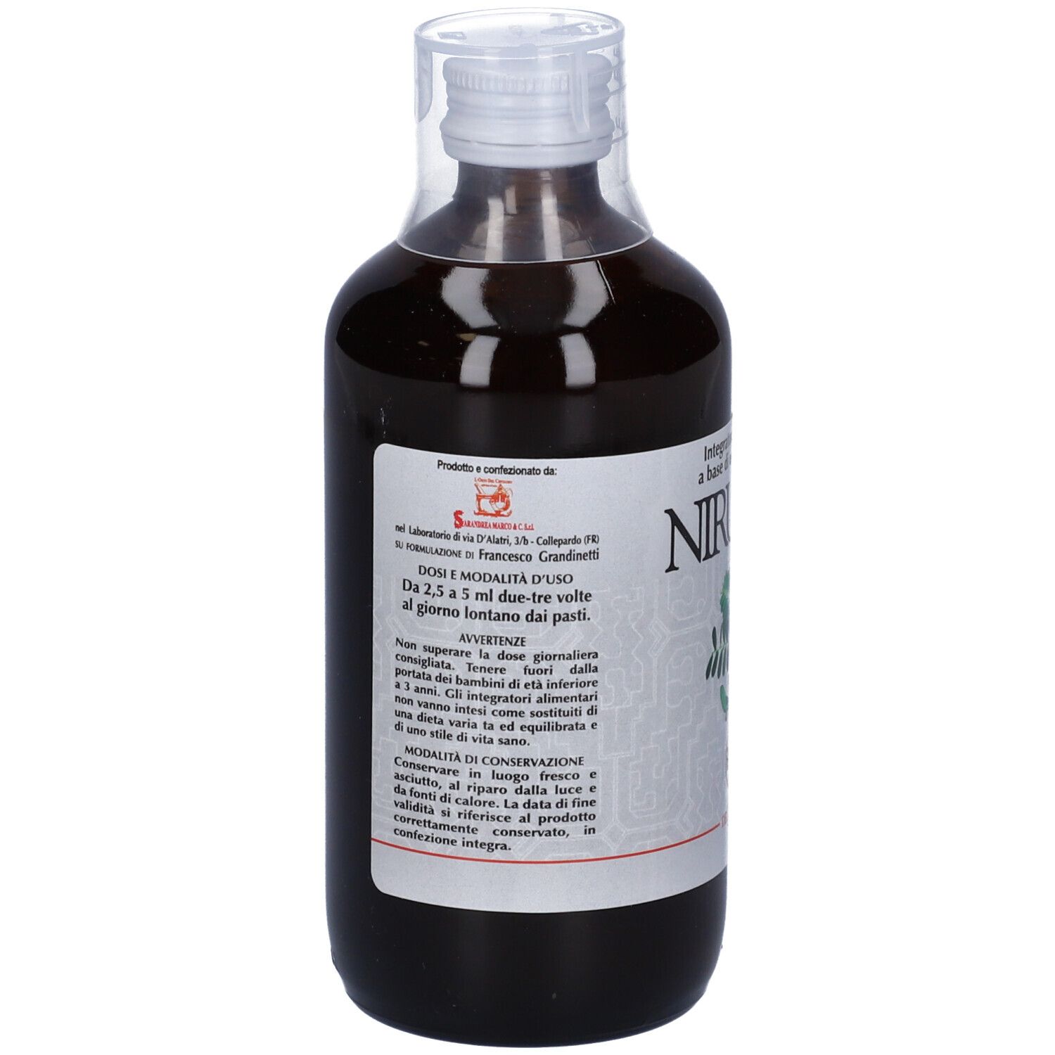 Flacone marrone con chiusura trasparente. Etichetta con testo e informazioni. Vista posteriore.