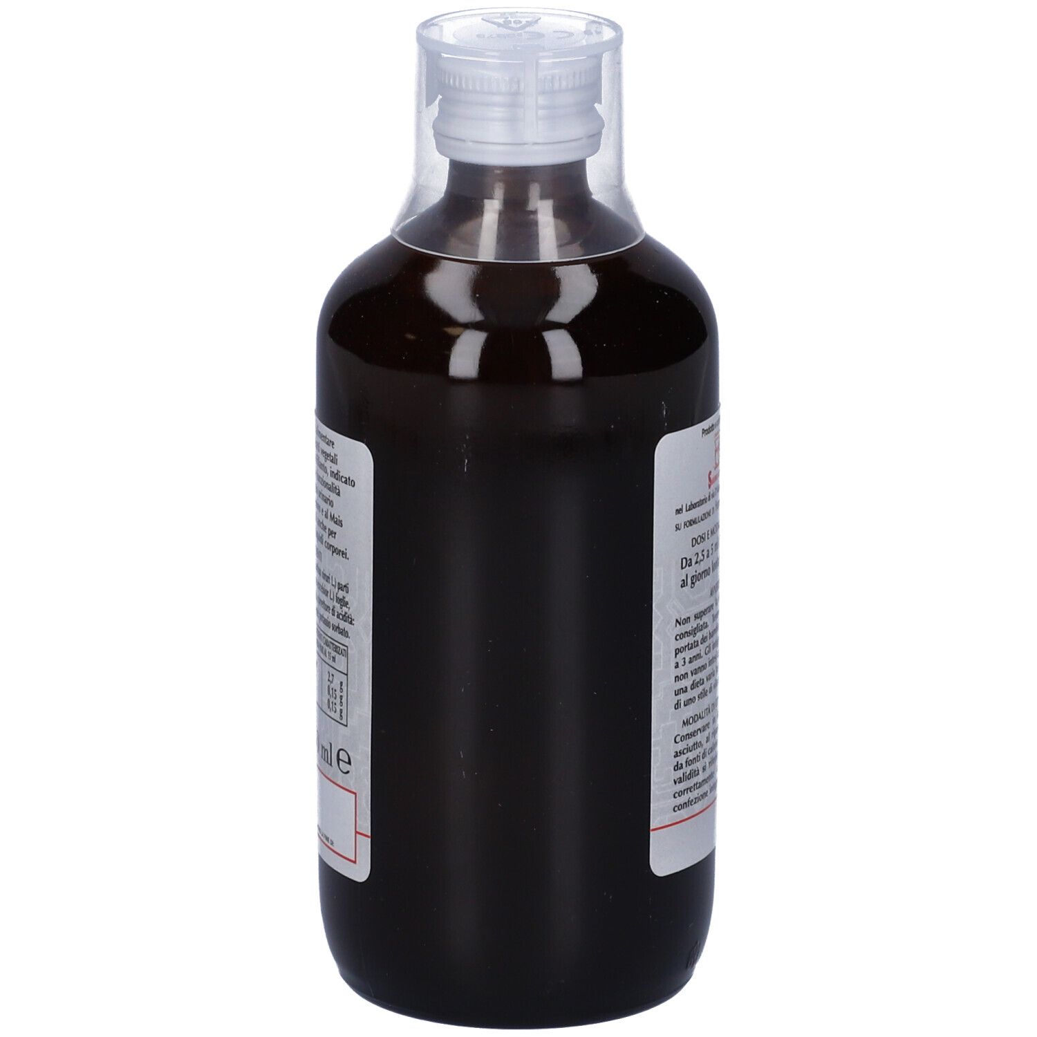 Flacone marrone con chiusura trasparente. Etichetta con testo e informazioni. Vista laterale.