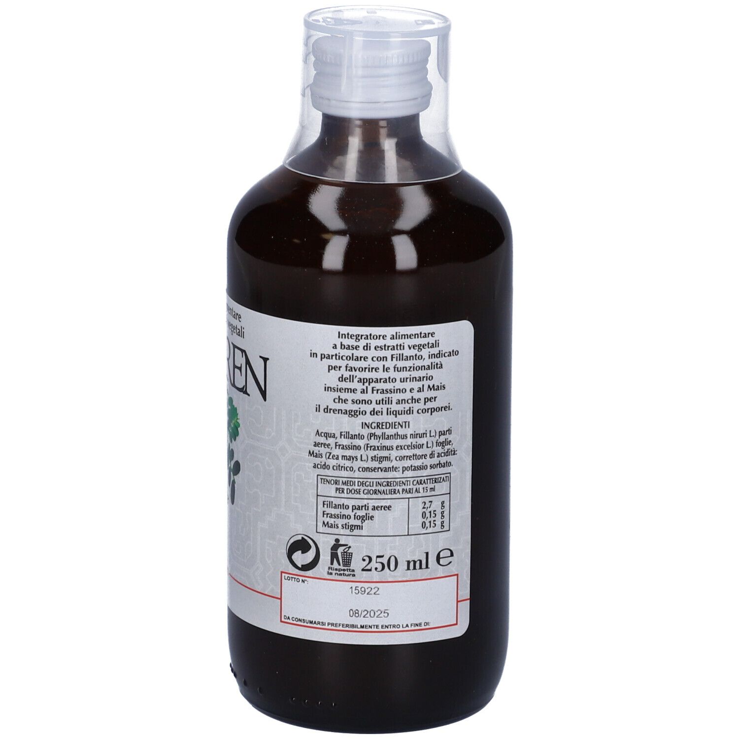 Flacone marrone con chiusura trasparente. Etichetta con testo, ingredienti e 250 ml.