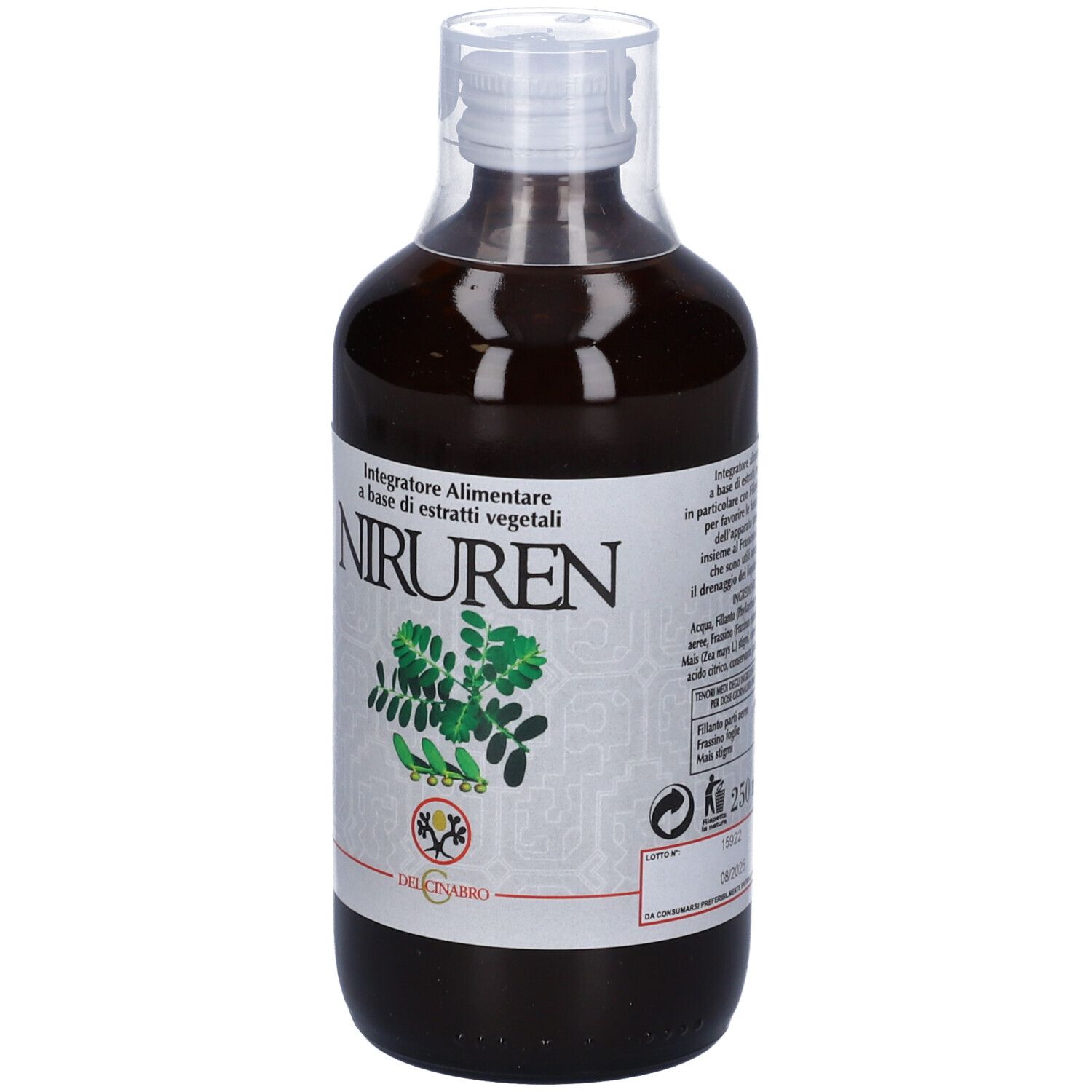 Flacone marrone con chiusura trasparente. Etichetta con NIRUREN, immagine di pianta e testo.