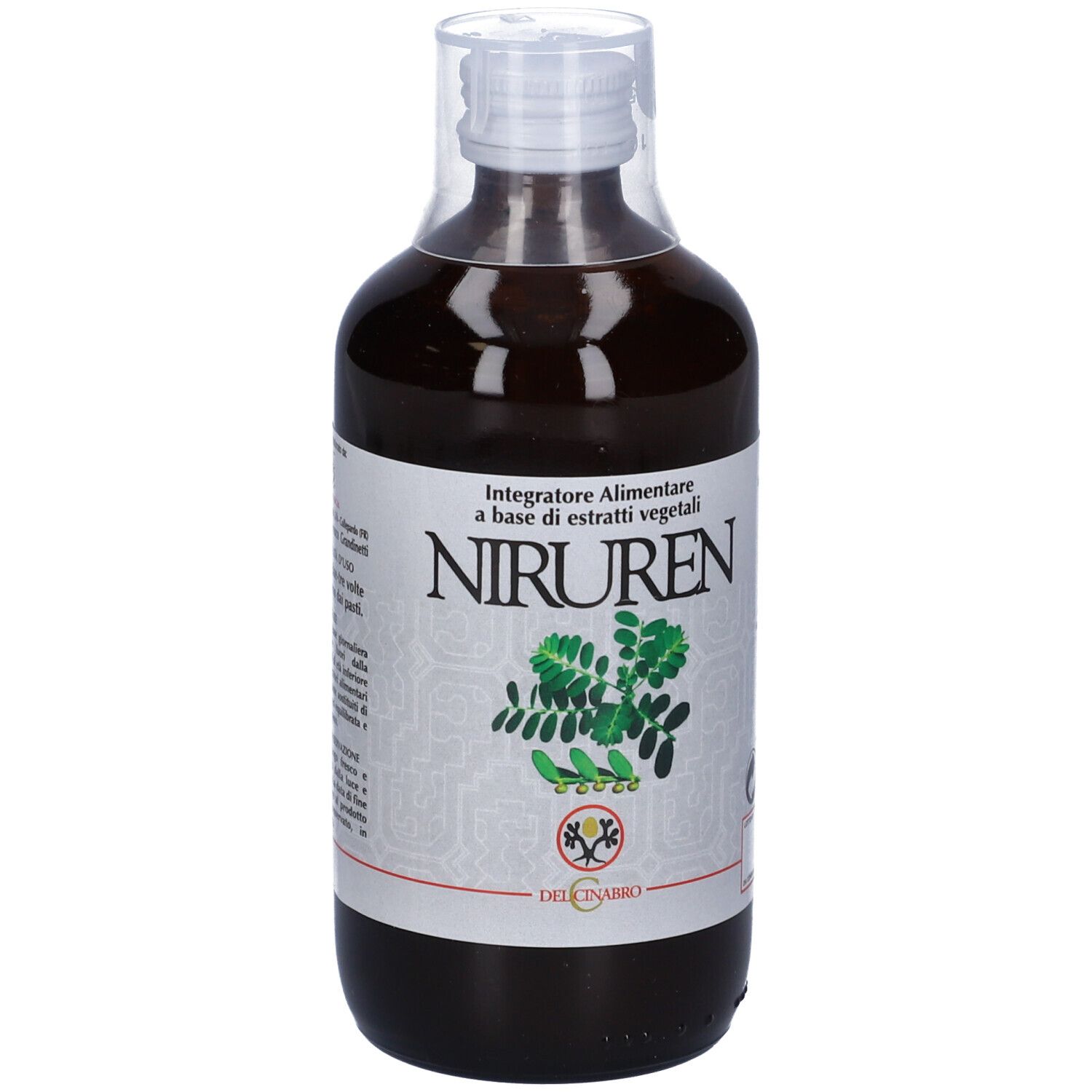Flacone marrone con chiusura trasparente. Etichetta con NIRUREN, immagine di pianta e testo.