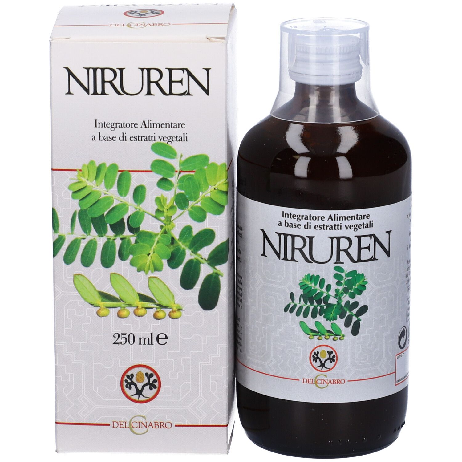 Flacone marrone con chiusura trasparente e scatola. Scritta NIRUREN e immagine di pianta.