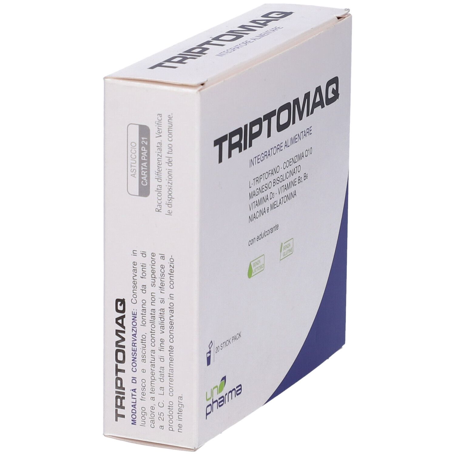 Scatola "Triptomaq". Contiene L-Triptofano, CoQ10, magnesio, Vitamina D3, B2, B6, niacina e melatonina. 20 stick pack.