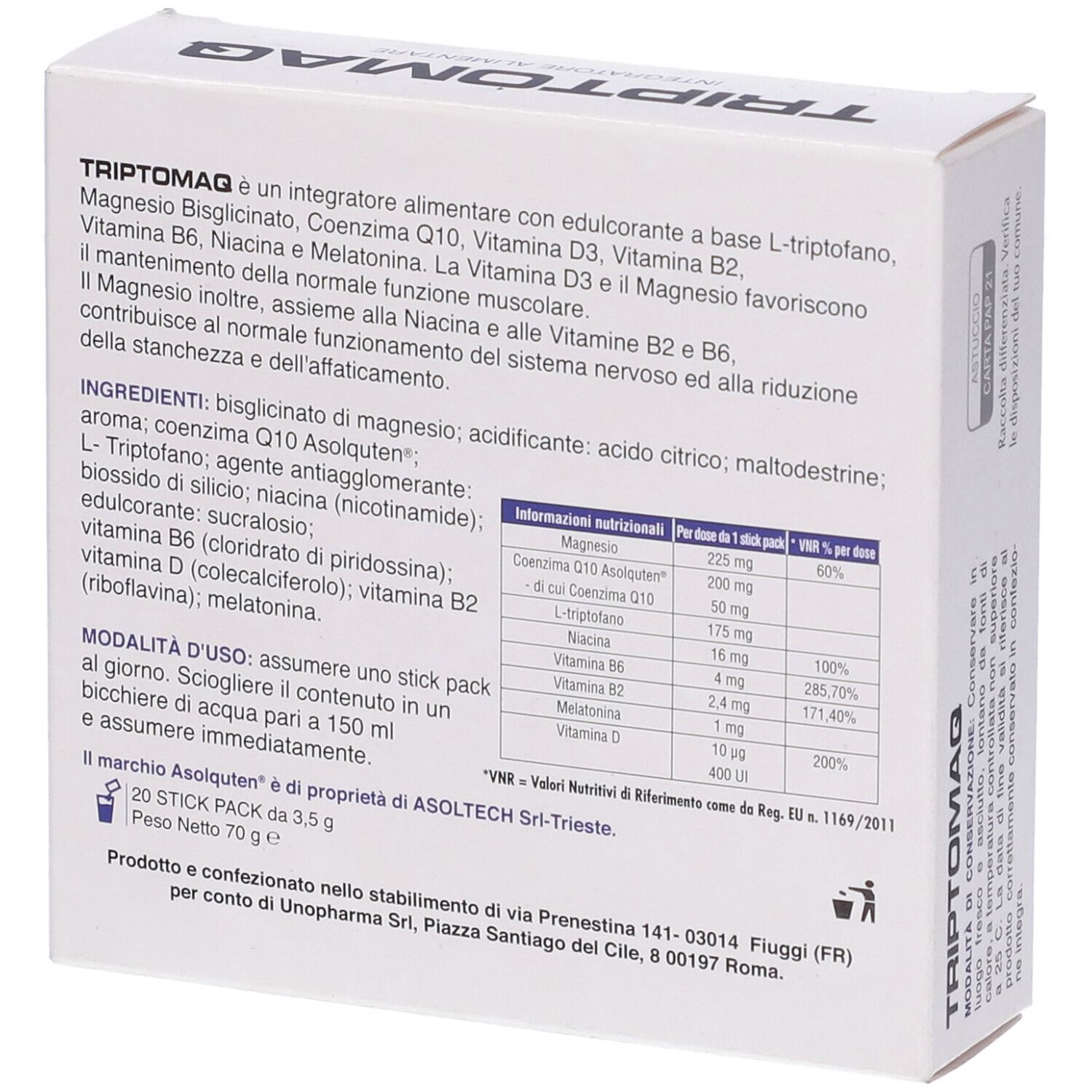 Retro scatola "Triptomaq". Informazioni su ingredienti, valori nutrizionali e uso. 20 stick pack.