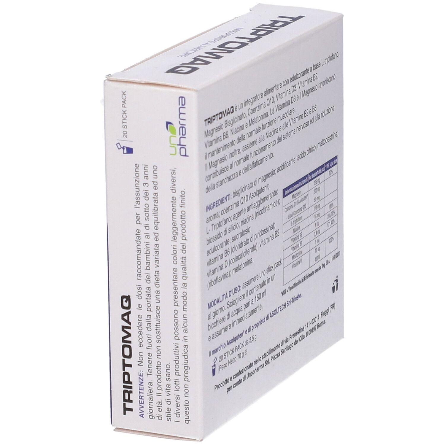 Retro scatola "Triptomaq". Informazioni su ingredienti, valori nutrizionali e uso. 20 stick pack.