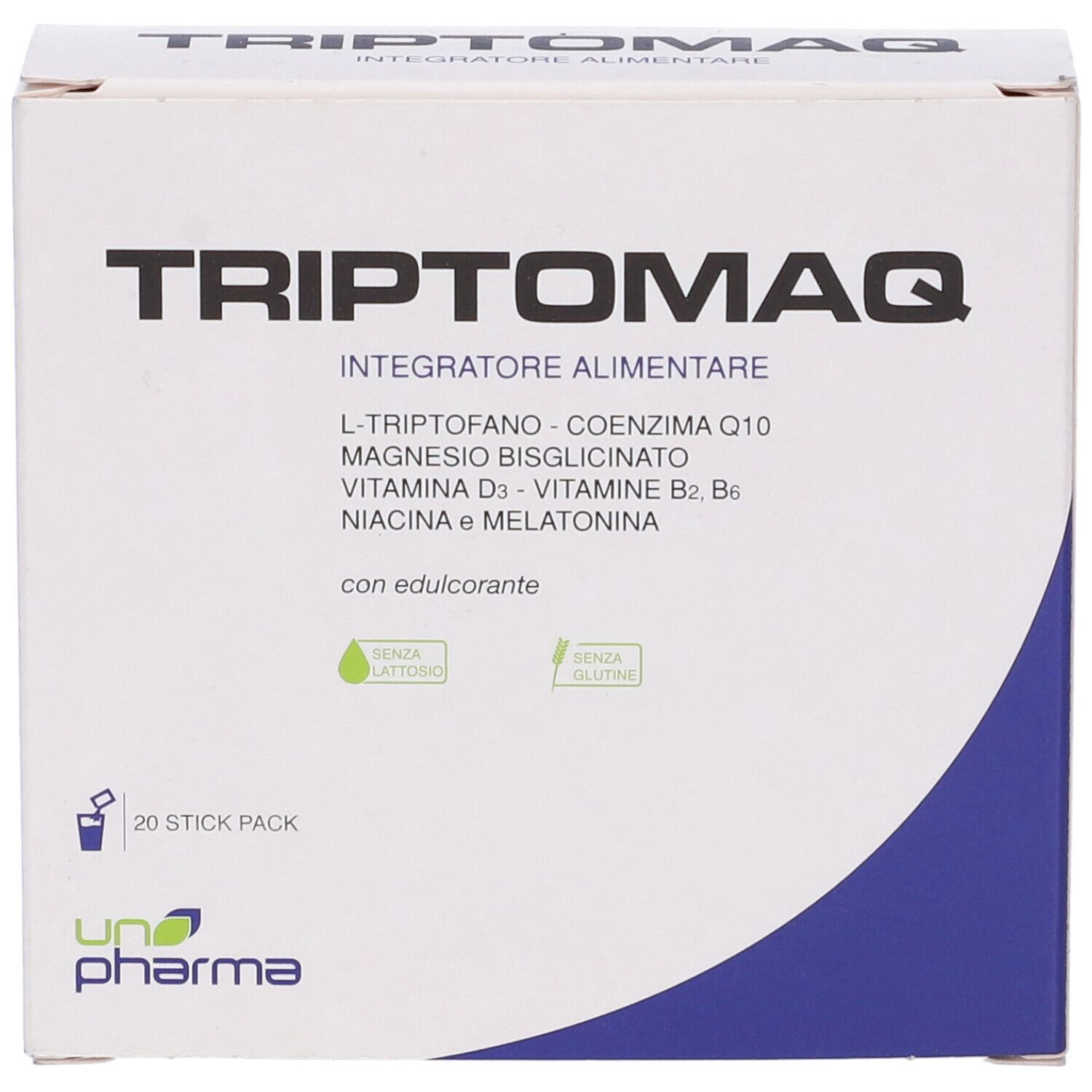 Scatola "Triptomaq". Contiene L-Triptofano, CoQ10, magnesio, Vitamina D3, B2, B6, niacina e melatonina. 20 stick pack.