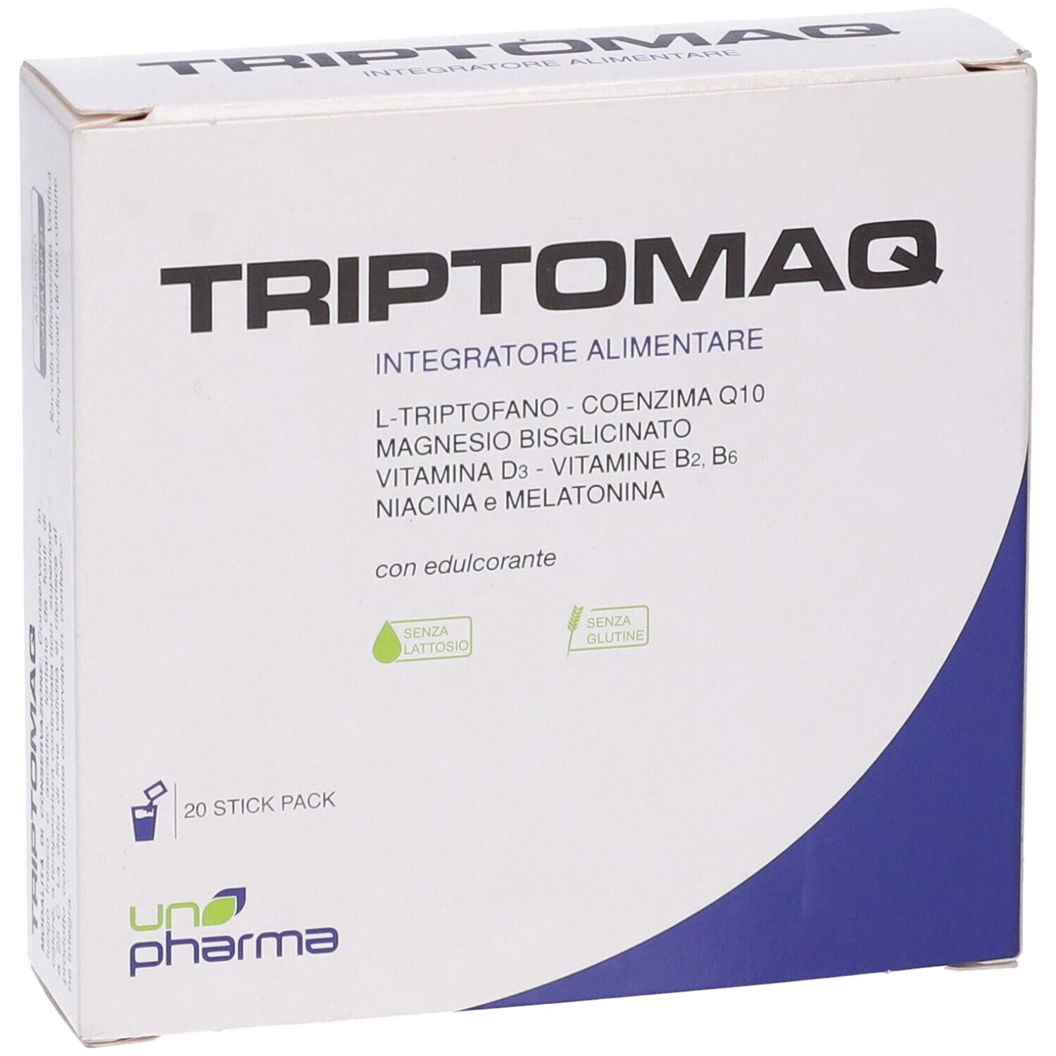 Scatola "Triptomaq". Contiene L-Triptofano, CoQ10, magnesio, Vitamina D3, B2, B6, niacina e melatonina. 20 stick pack.