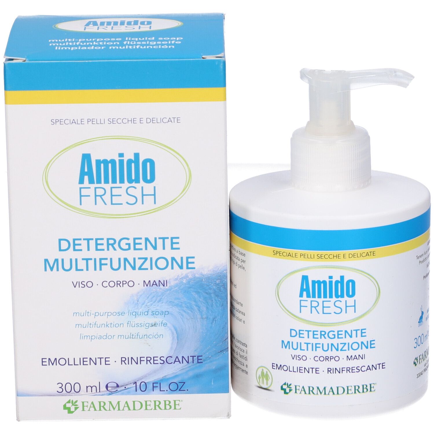 Flacone bianco con dosatore e scatola. Scritta: Amido Fresh, Detergente Multifunzione, 300 ml.