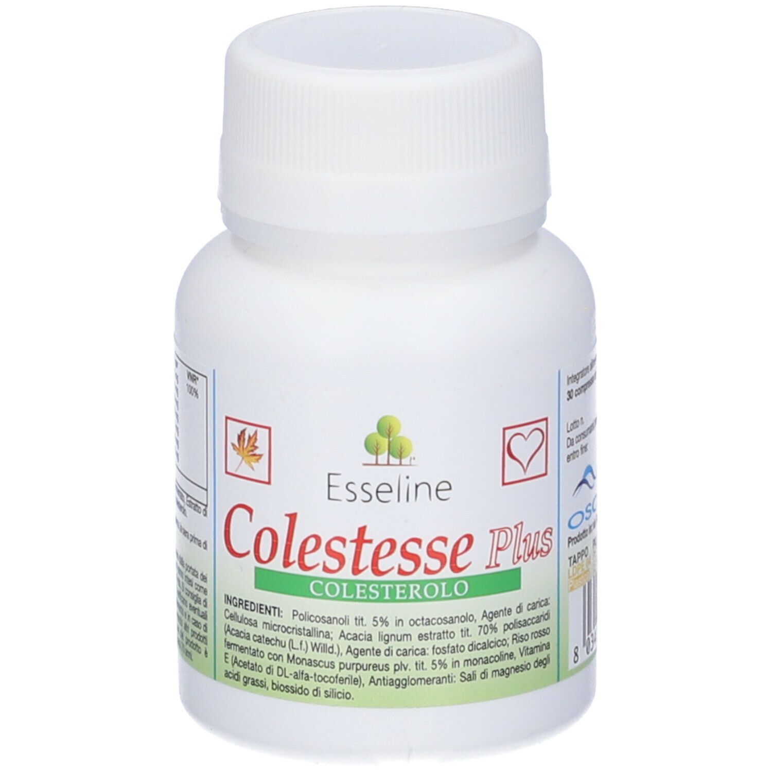 Retro del flacone bianco Colestesse Plus. Testo con ingredienti e valori nutrizionali.