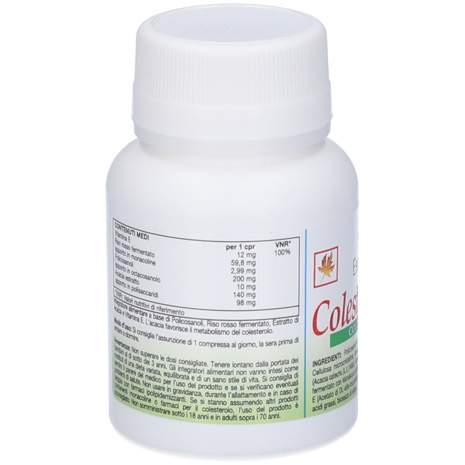 Retro del flacone bianco Colestesse Plus. Testo con ingredienti e valori nutrizionali.