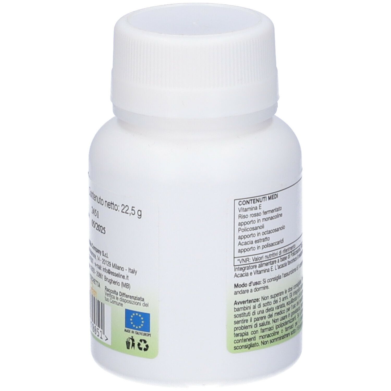 Retro del flacone bianco Colestesse Plus. Testo con ingredienti e valori nutrizionali.