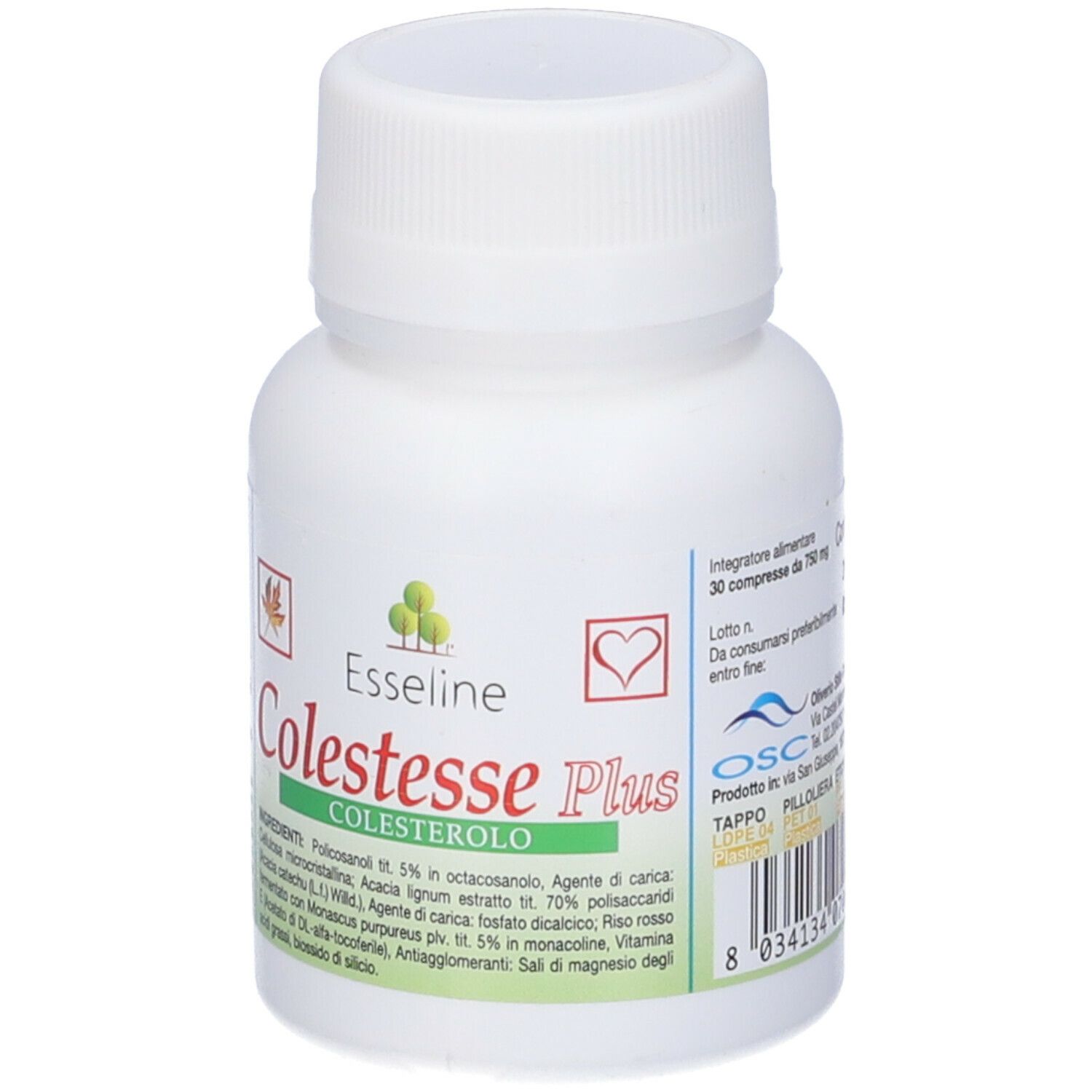 Flacone bianco Colestesse Plus. Etichetta con nome, ingredienti e logo.