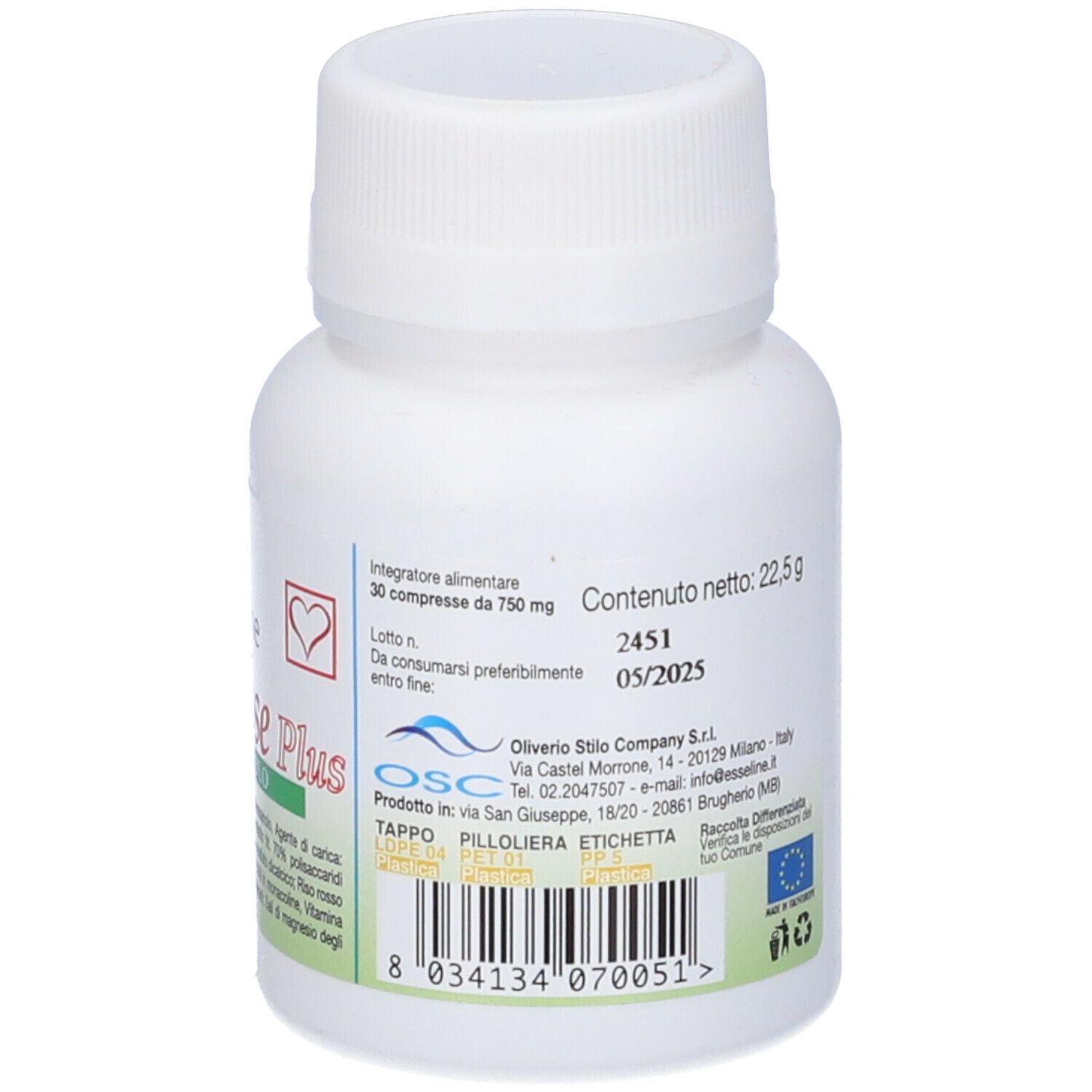 Retro del flacone bianco Colestesse Plus. Testo, logo e codice a barre.