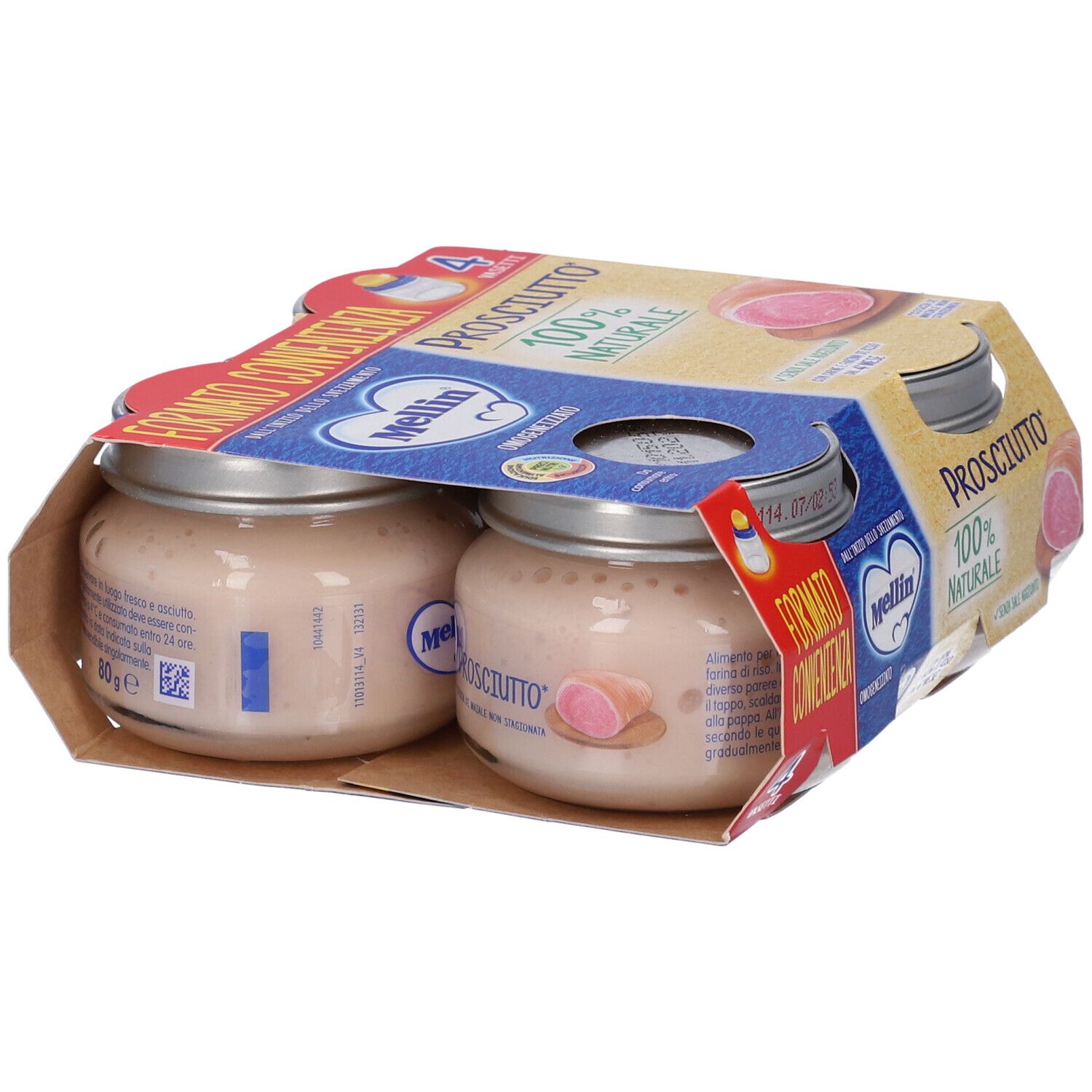Confezione da quattro vasetti Mellin Prosciutto. Due vasetti visibili. Confezione blu e gialla. Scritta: Mellin, Prosciutto, 100% naturale.