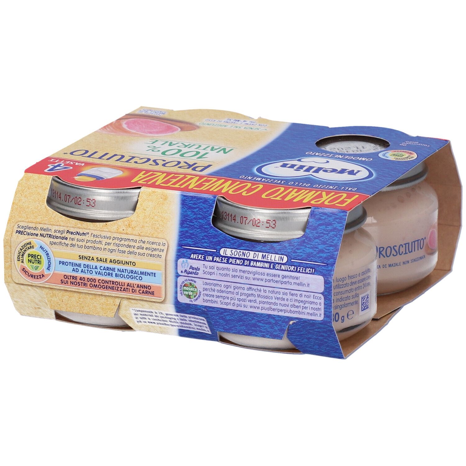Confezione da quattro vasetti Mellin Prosciutto. Due vasetti visibili. Confezione blu e gialla. Scritta: Mellin, Prosciutto, 100% naturale.