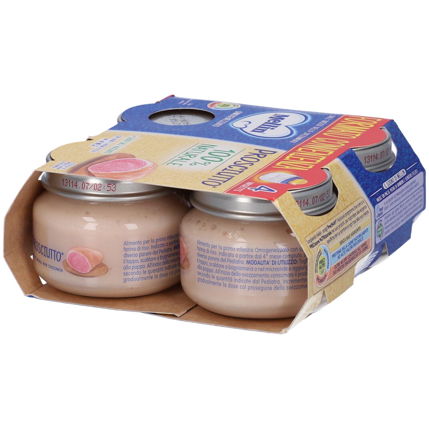 Confezione da quattro vasetti Mellin Prosciutto. Due vasetti visibili. Confezione blu e gialla. Scritta: Mellin, Prosciutto, 100% naturale.