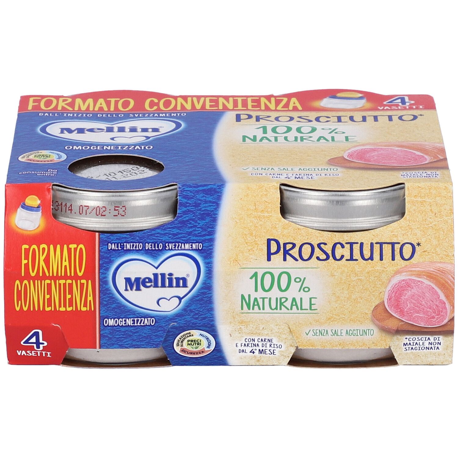 Confezione da quattro vasetti Mellin Prosciutto. Due vasetti visibili. Confezione blu e gialla. Scritta: Mellin, Prosciutto, 100% naturale.