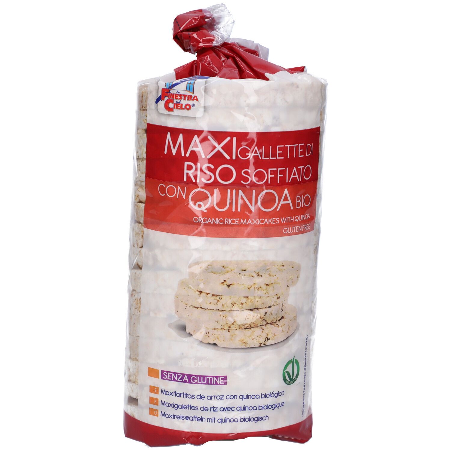 Confezione di gallette di riso soffiato con quinoa. Scritta: MAXI GALLETTE RISO SOFFIATO CON QUINOA BIO. Senza glutine.