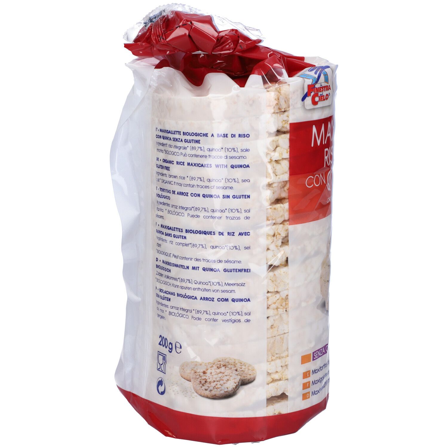Confezione di gallette di riso soffiato con quinoa. Scritta: MAXI GALLETTE RISO SOFFIATO CON QUINOA BIO. Senza glutine.