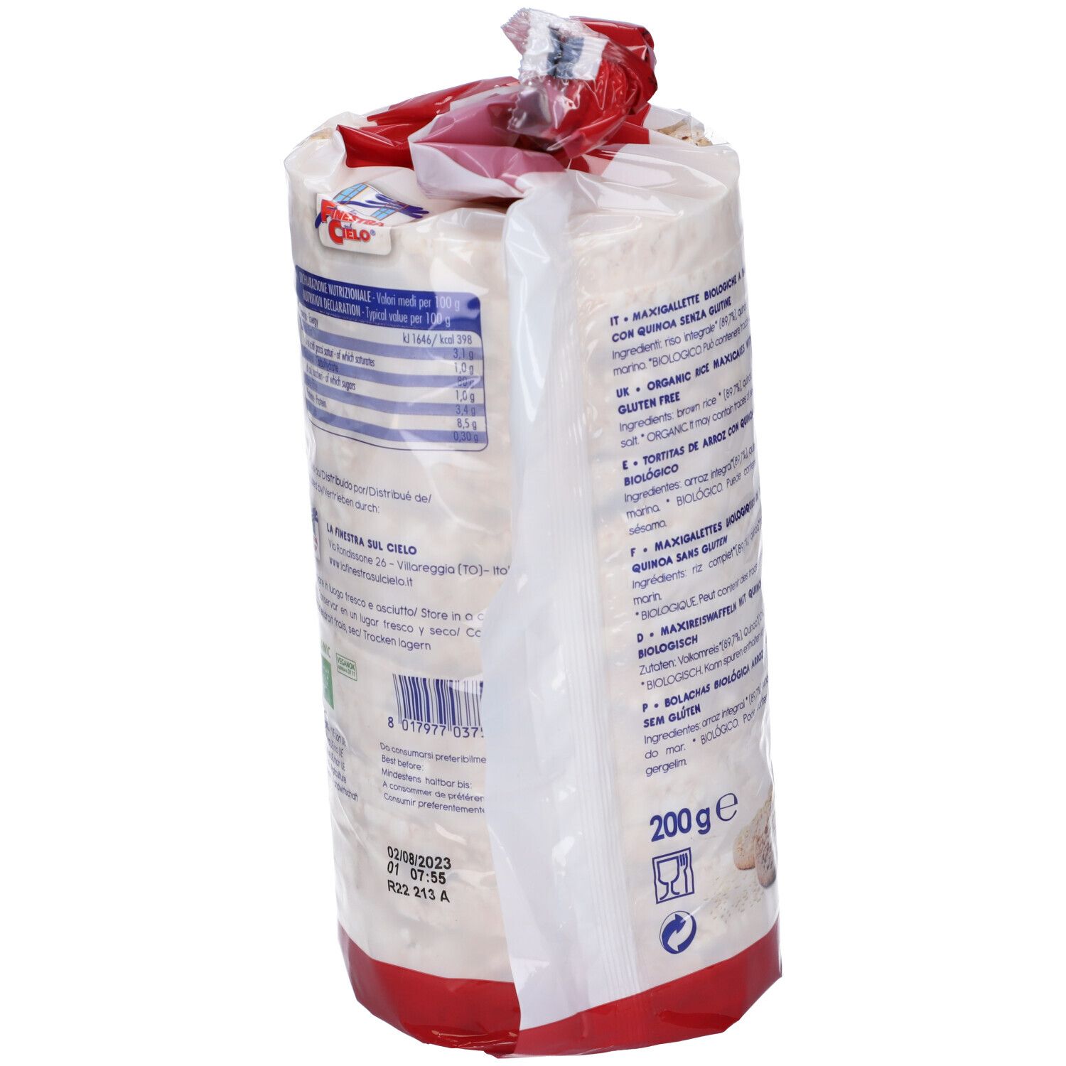 Confezione di gallette di riso soffiato con quinoa. Scritta: MAXI GALLETTE RISO SOFFIATO CON QUINOA BIO. Senza glutine.