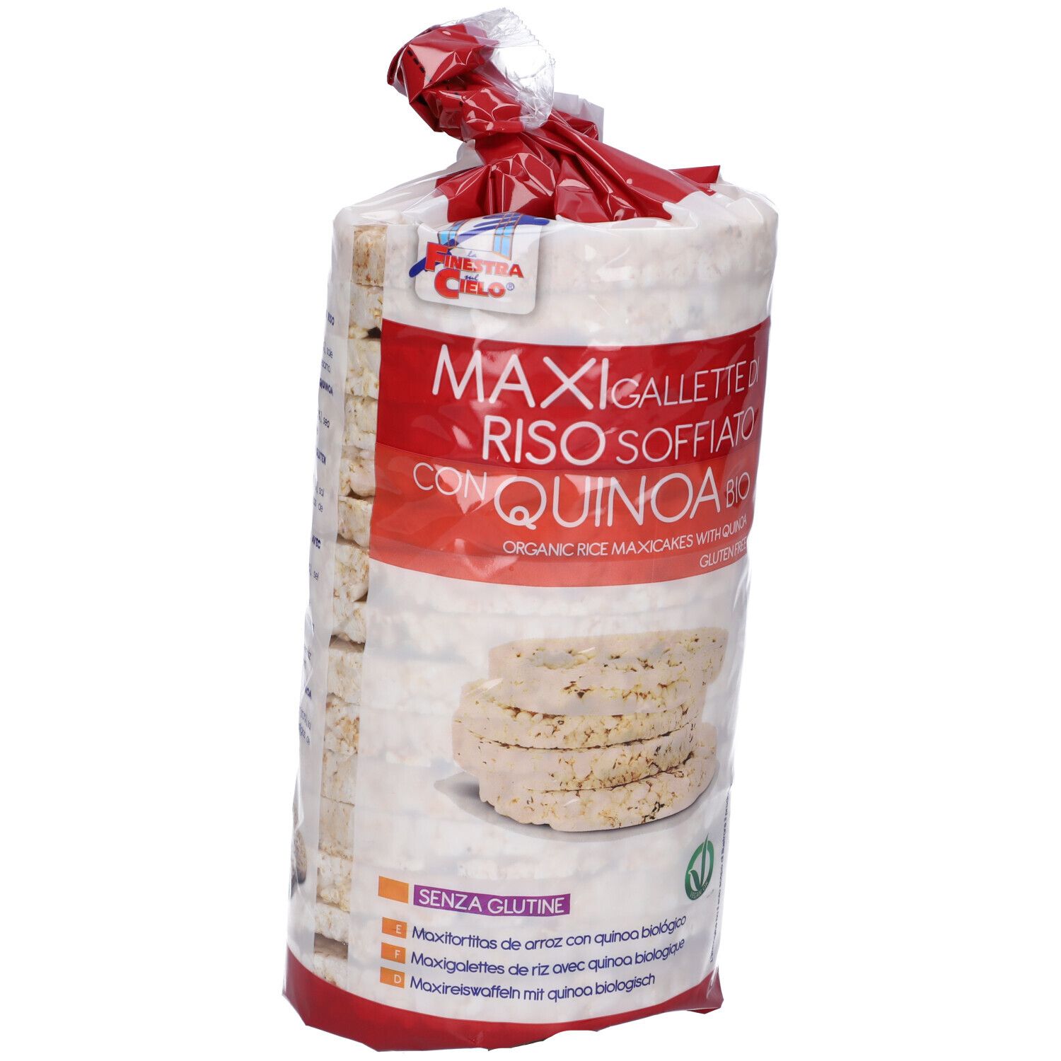 Confezione di gallette di riso soffiato con quinoa. Scritta: MAXI GALLETTE RISO SOFFIATO CON QUINOA BIO. Senza glutine.