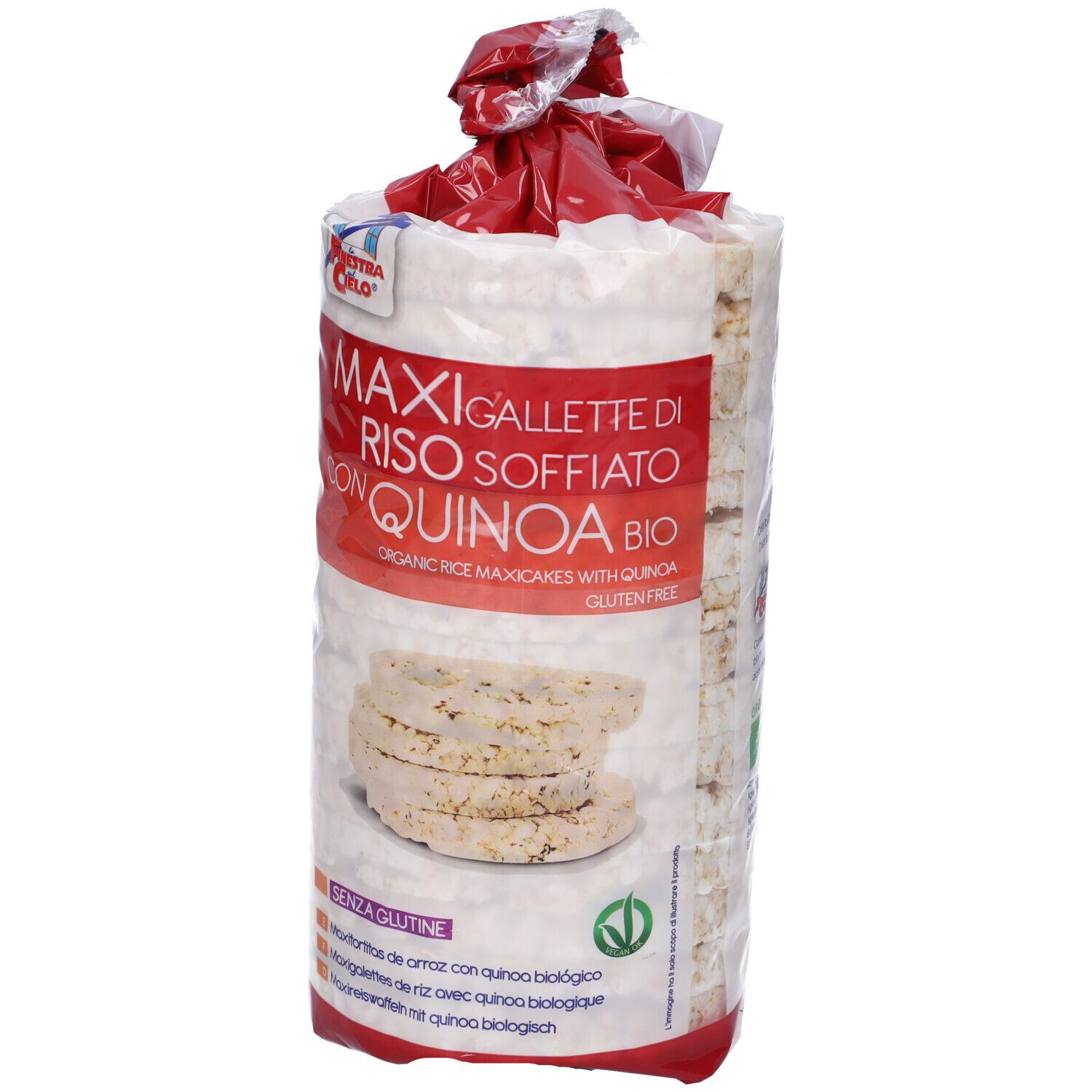Confezione di gallette di riso soffiato con quinoa. Scritta: MAXI GALLETTE RISO SOFFIATO CON QUINOA BIO. Senza glutine.