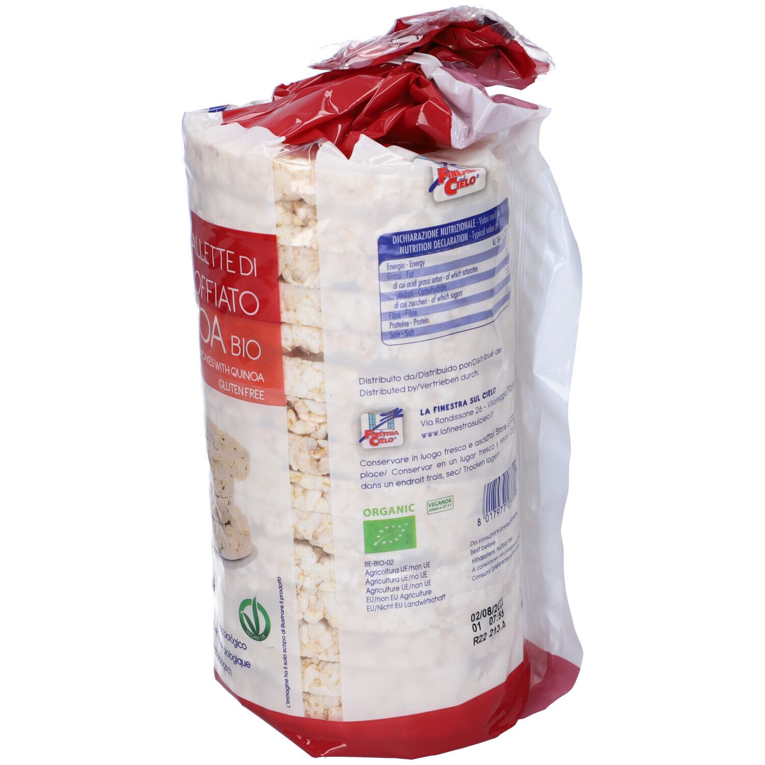 Confezione di gallette di riso soffiato con quinoa. Scritta: MAXI GALLETTE RISO SOFFIATO CON QUINOA BIO. Senza glutine.