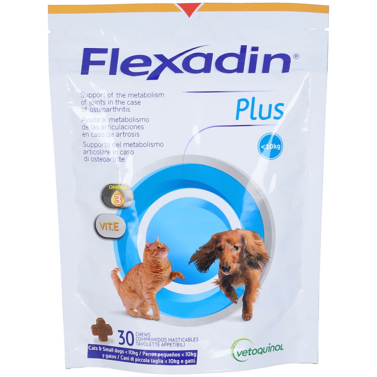 Confezione di Flexadin Plus. Immagine di gatto e cane. Contiene 30 compresse masticabili. Logo Vetoquinol.
