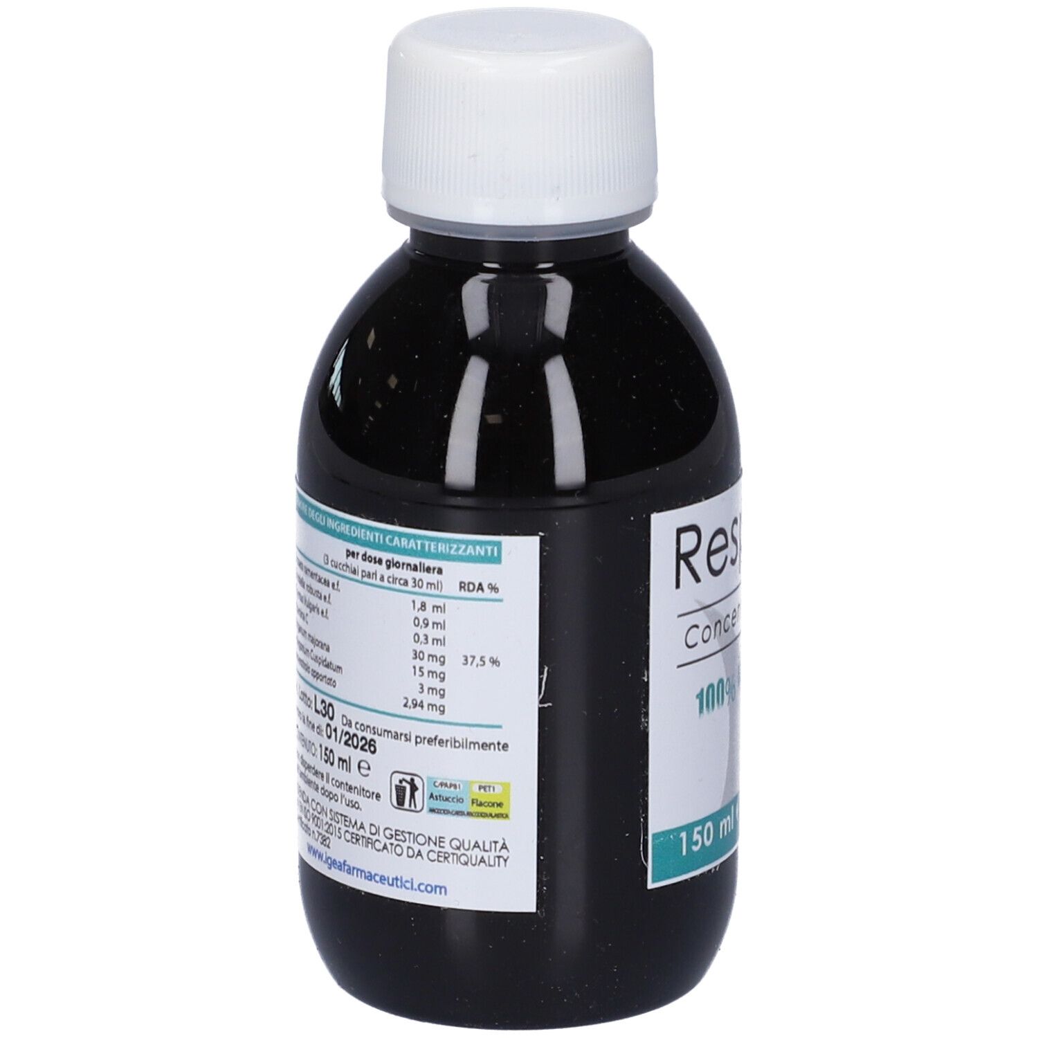 Concentrato liquido in bottiglia con tappo bianco. Scritta: Respinac, 100% NATURALE, 150 ml. Ingredienti sul retro.