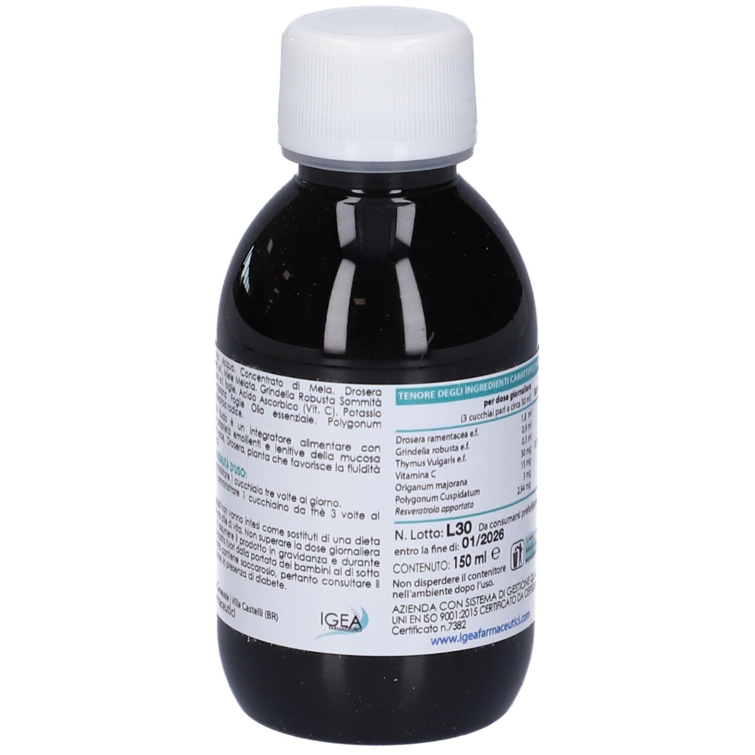 Concentrato liquido in bottiglia con tappo bianco. Retro con ingredienti e istruzioni per il dosaggio.