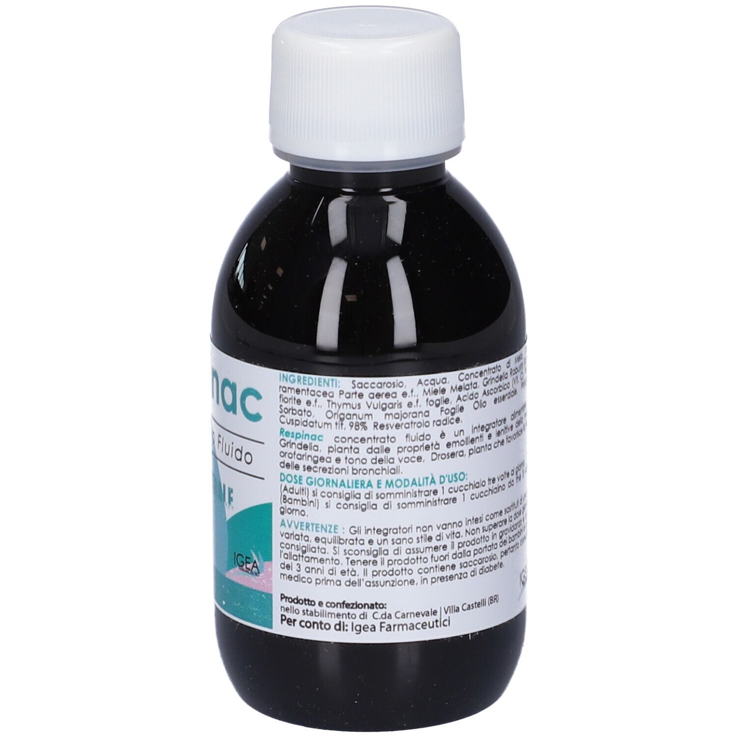 Concentrato liquido in bottiglia con tappo bianco. Scritta: Respinac, 100% NATURALE. Informazioni sul retro.