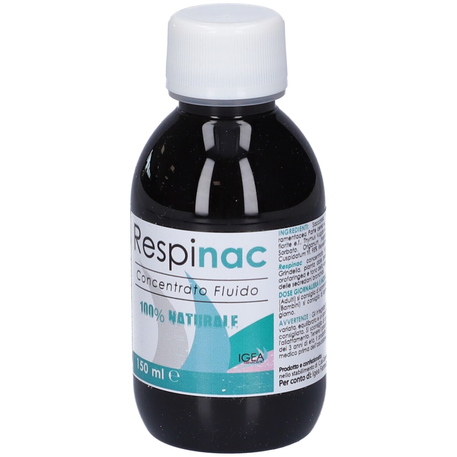 Concentrato liquido in bottiglia con tappo bianco. Scritta: Respinac, 100% NATURALE, 150 ml.