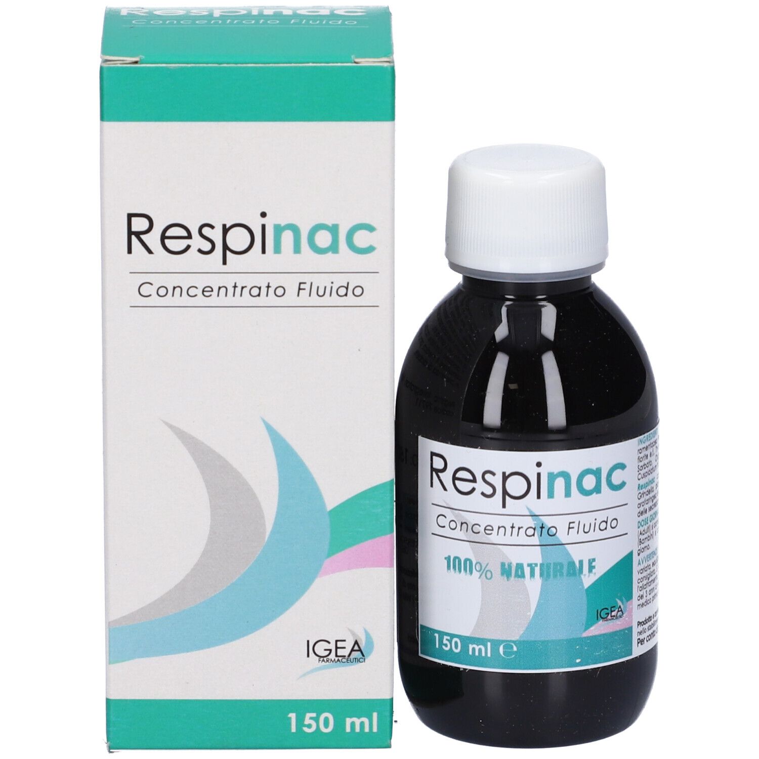 Flacone di concentrato liquido e scatola. Scritta: Respinac, Concentrato Fluido, 100% NATURALE, 150 ml.
