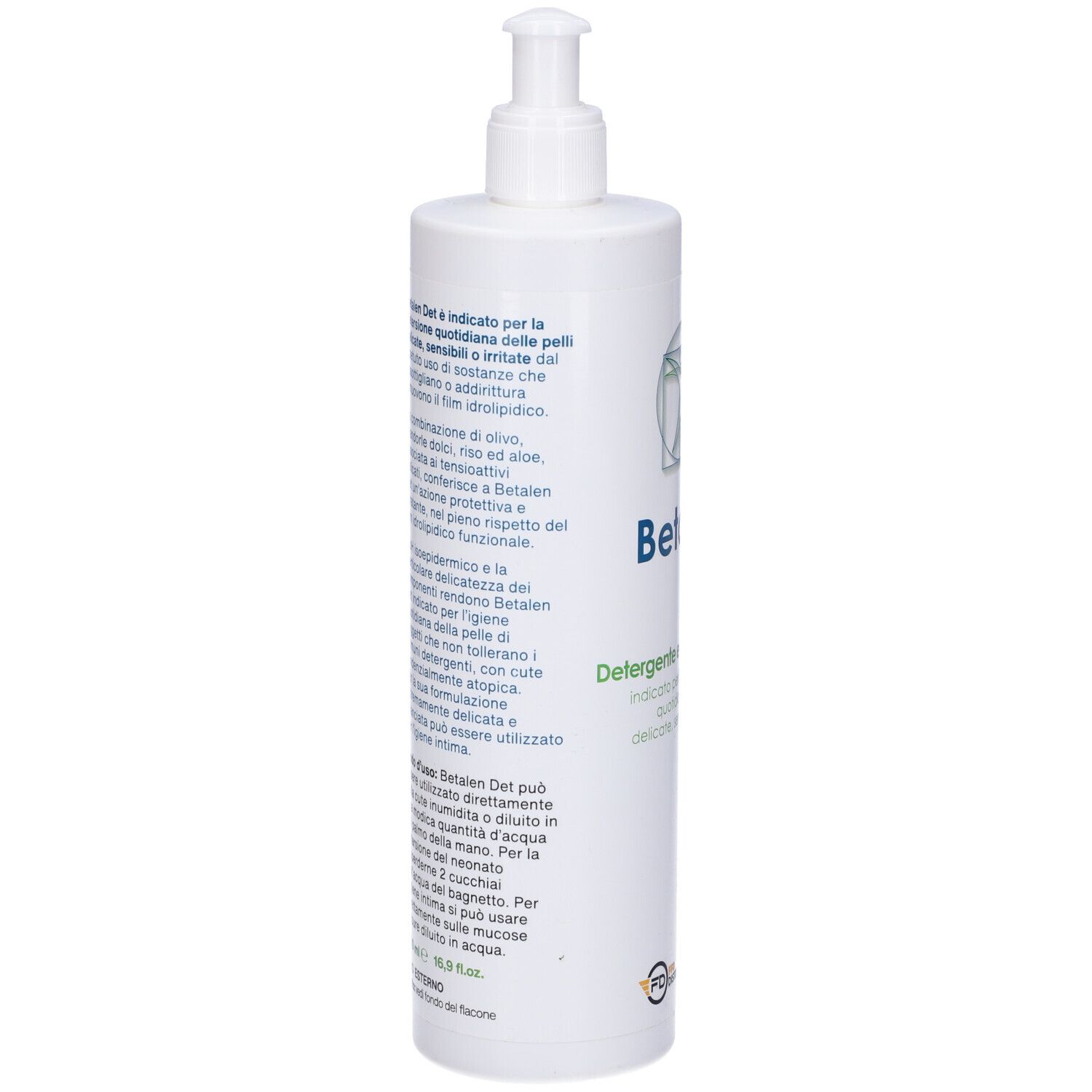 Flacone bianco con dosatore a pompa. Testo in italiano. Logo con persona. FD Distribuzione. Vista posteriore.