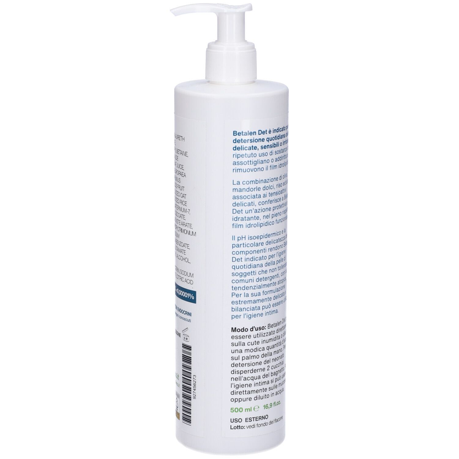 Flacone bianco con dosatore a pompa. Testo in italiano. Logo con persona. FD Distribuzione. Vista posteriore.