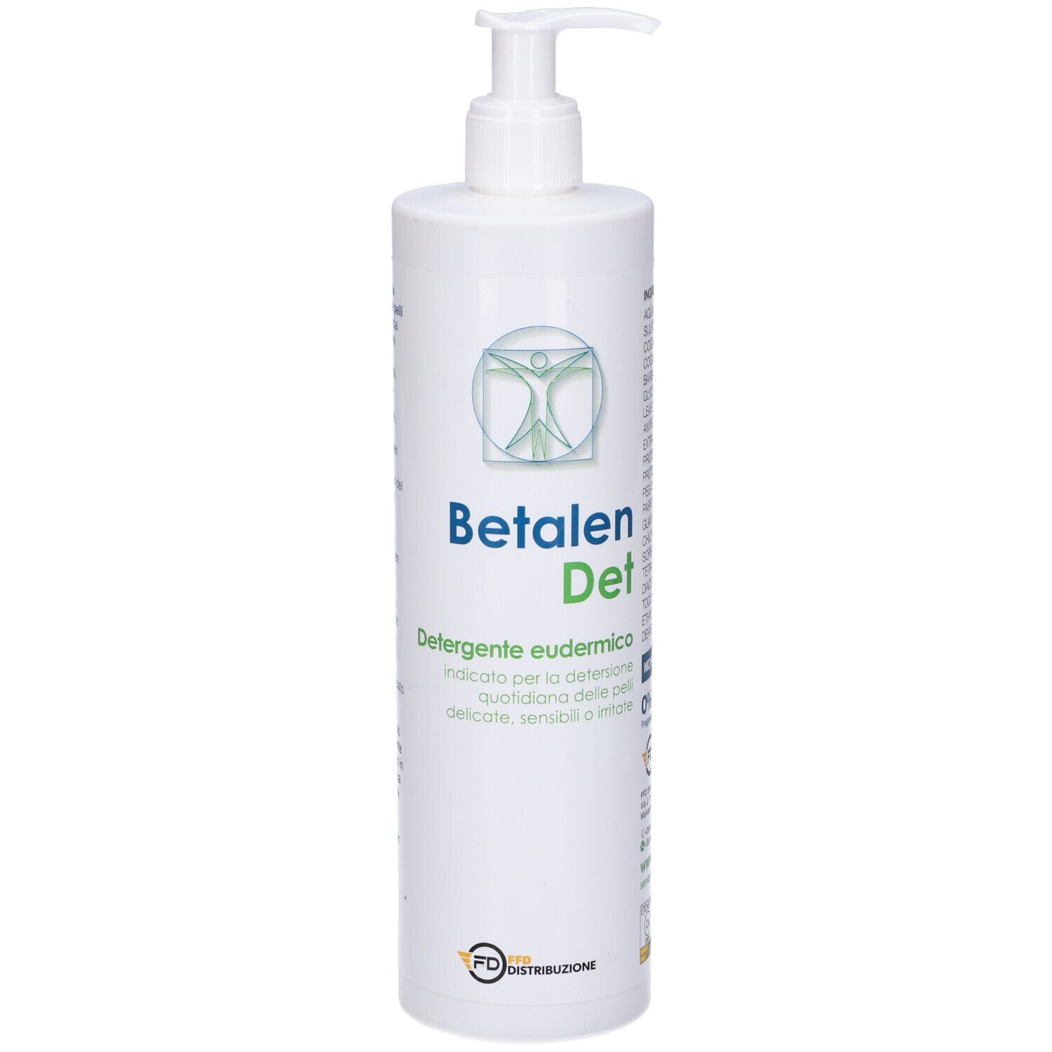 Flacone bianco con dosatore a pompa. Scritta: Betalen Det, Detergente eudermico. Logo con persona. FD Distribuzione.