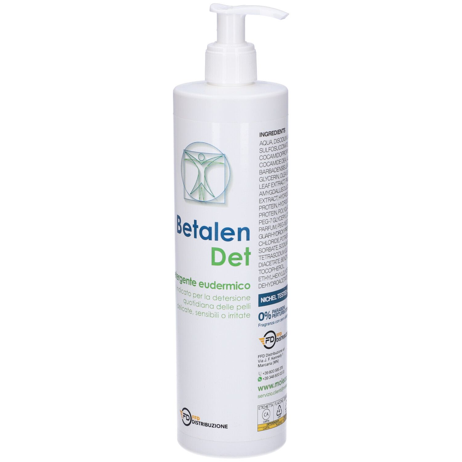Flacone bianco con dosatore a pompa. Scritta: Betalen Det, Detergente eudermico. Logo con persona. FD Distribuzione. Ingredienti.