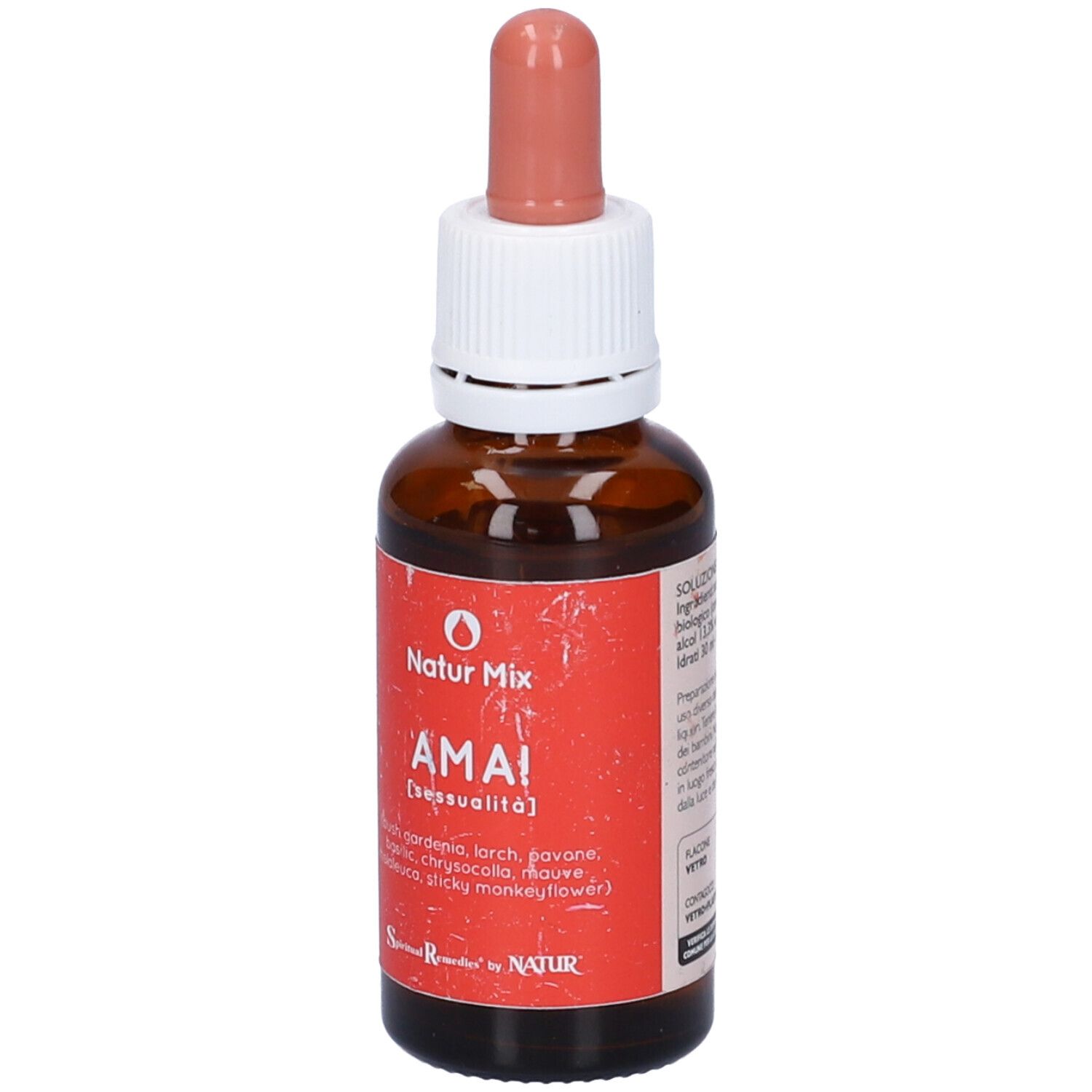 Flacone di vetro marrone con etichetta rossa. Scritta: Natur Mix AMA! (Sessualità). Contagocce.