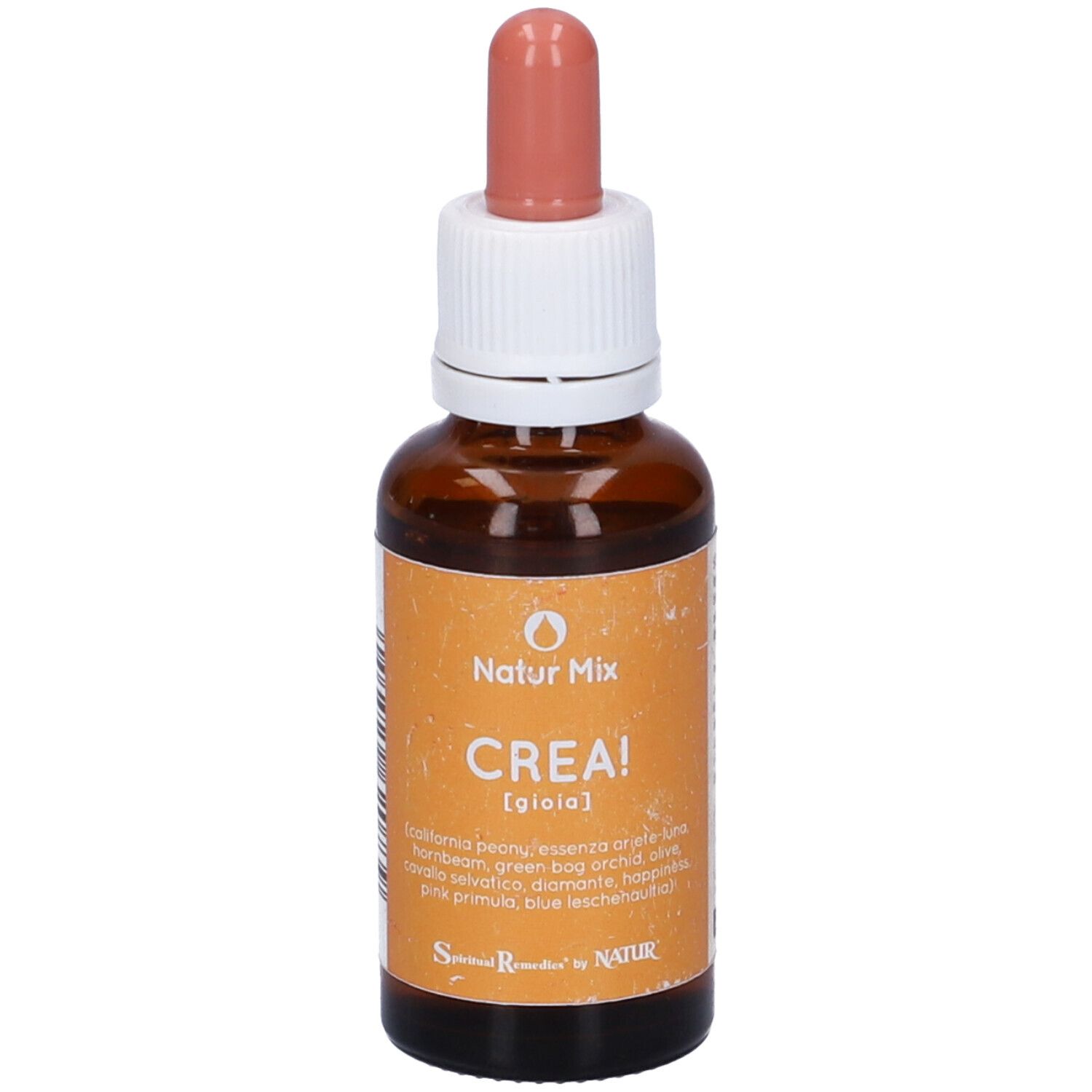Flacone di vetro marrone con etichetta arancione e contagocce rosso. "Natur Mix Crea!" e ingredienti visibili.