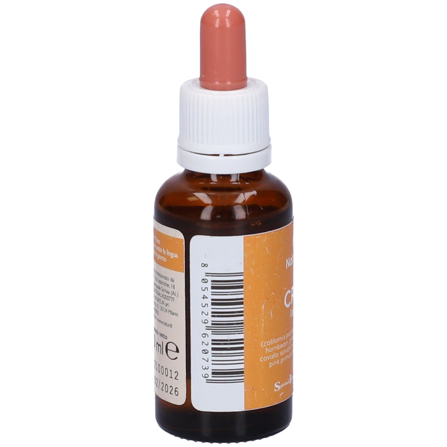 Flacone di vetro marrone con etichetta arancione e contagocce rosso. Codice a barre e testo sull'etichetta.