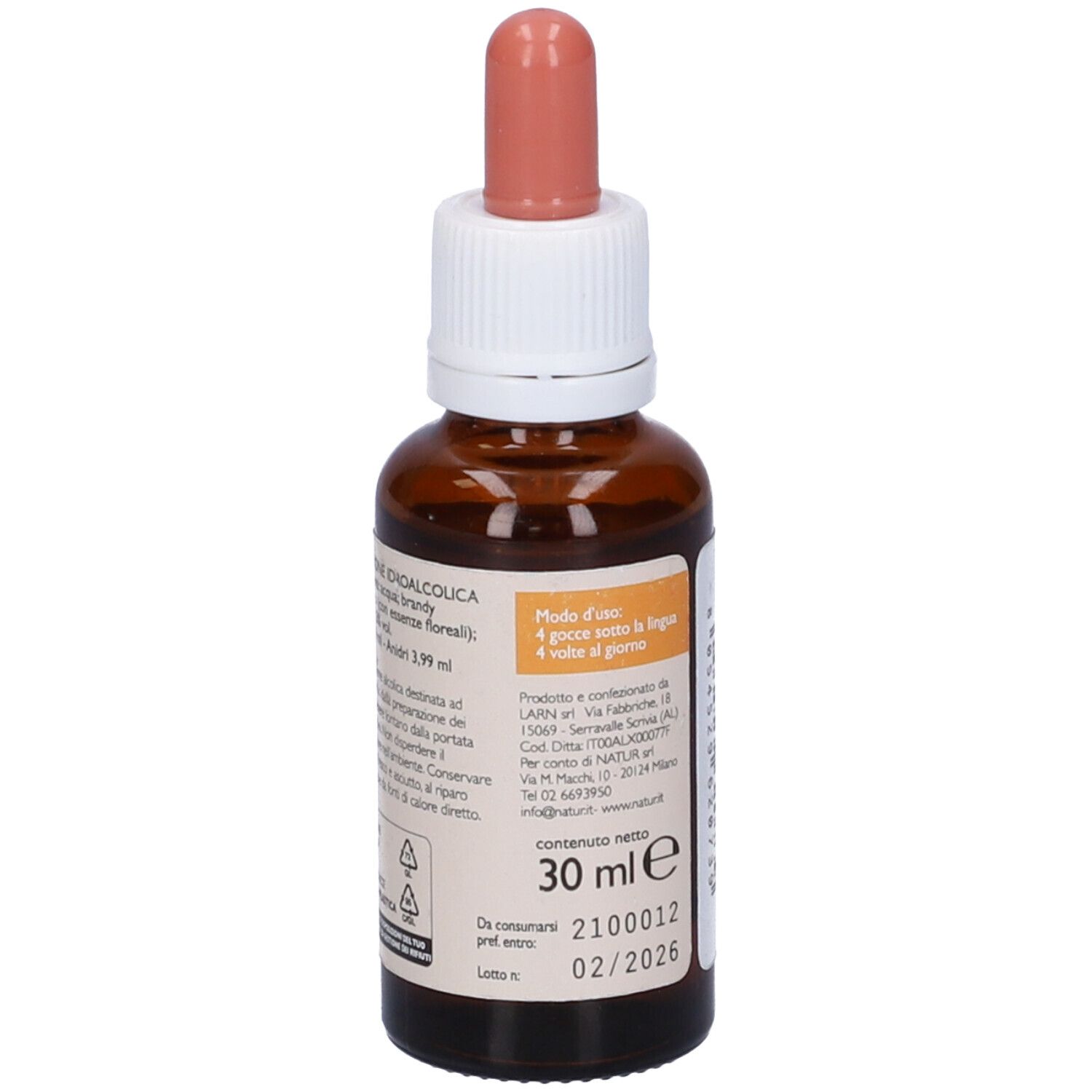 Flacone di vetro marrone con etichetta arancione e contagocce rosso. Testo sull'uso e ingredienti.